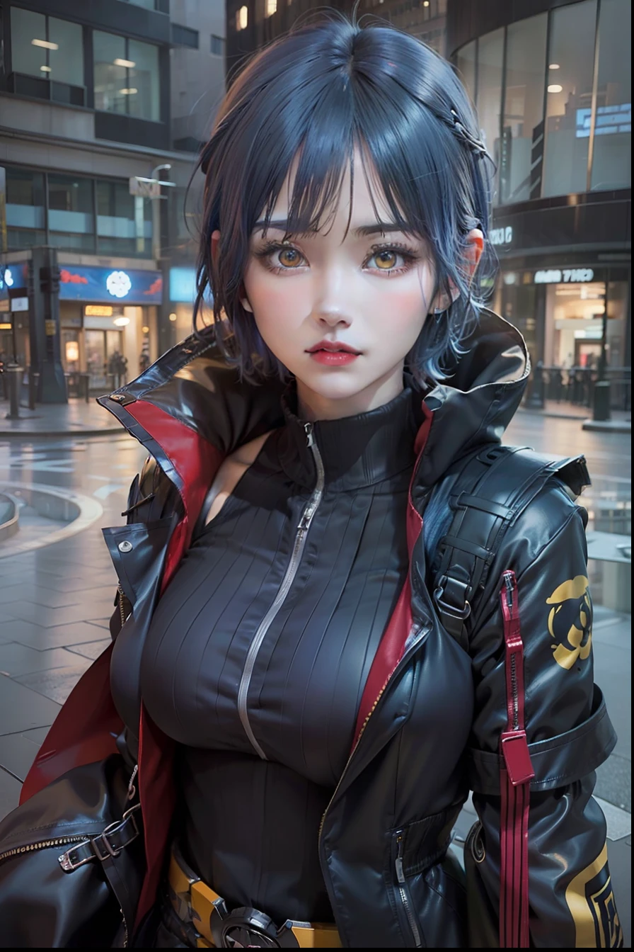 1girl, konan akatsuki, blue hair, short hair, yellow eyes, black clothes, big breasts, city background, realistic, ultra detail