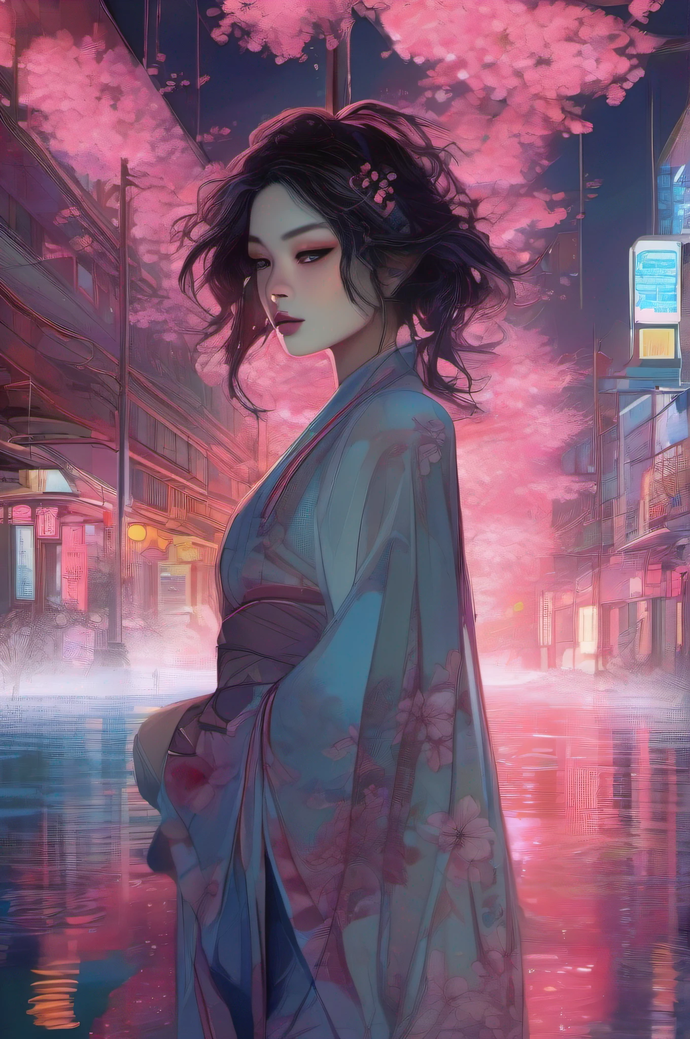 (Subject) A cyberpunk city, (Action) submerged in water, (Context) set during the night, (Environment) with a beautiful cherry blossom tree at the center, (Lighting) illuminated by neon lights and a moonlit sky, (Artist) influenced by cyberpunk and traditional Japanese art, (Style) fusing futuristic elements with a touch of traditional elegance, (Medium) using digital painting, (Type) portraying a mesmerizing underwater cityscape, (Color Scheme) featuring deep blues, purples, and neon accents, (Computer Graphics) integrating advanced 3D rendering techniques, (Quality) in high definition (4K), (Emotions) evoking a sense of tranquility and otherworldly beauty.

In the captivating world of a cyberpunk city submerged under water, the night brings a magical aura to the scene. The cityscape is adorned with neon lights that mingle with the gentle moonlight, casting a mesmerizing glow on the surroundings. At the heart of this enigmatic metropolis stands a majestic cherry blossom tree, harmoniously blending the futuristic setting with the elegance of traditional Japanese art. The digital painting captures the essence of tranquility and otherworldly beauty, immersing viewers in a surreal and captivating underwater experience.