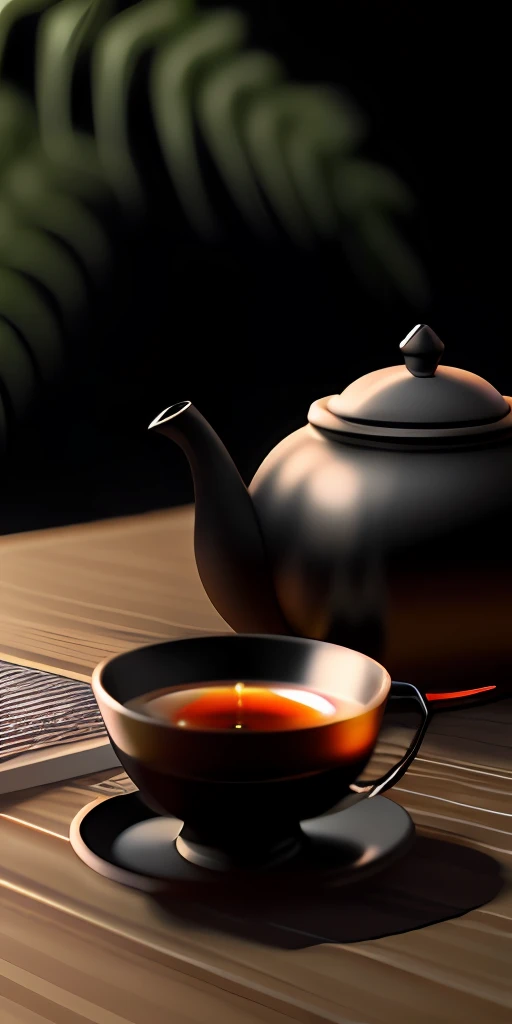 tmasterpiece,Best quality at best,(非常详细的 CG 统一 8k 壁纸),(Best quality at best),(The best illustrations),(The best shadow),(Jungle theme),(foliage),(tree branch),(glowworm),(particle effect)and other 3D, Octane rendering,Ray traching,There is a black wood tea table in the close-up,Black teapot close-up,Exquisite teapot,teacup,Filled with black tea,Braving hot