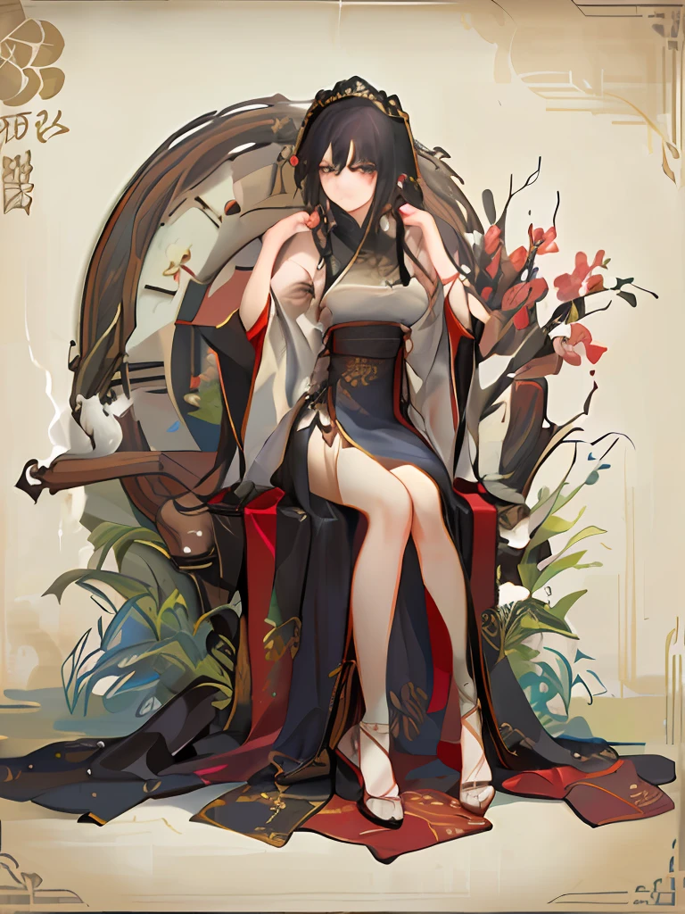 Anime - Woman sitting on a throne,The background is the clock, Guviz, Guweiz in Pixiv ArtStation, by Yang J, a beautiful fantasy empress, Official artwork, Guweiz on ArtStation Pixiv, Palace , A girl in Hanfu, guweiz masterpiece, Guviz-style artwork,black color hair