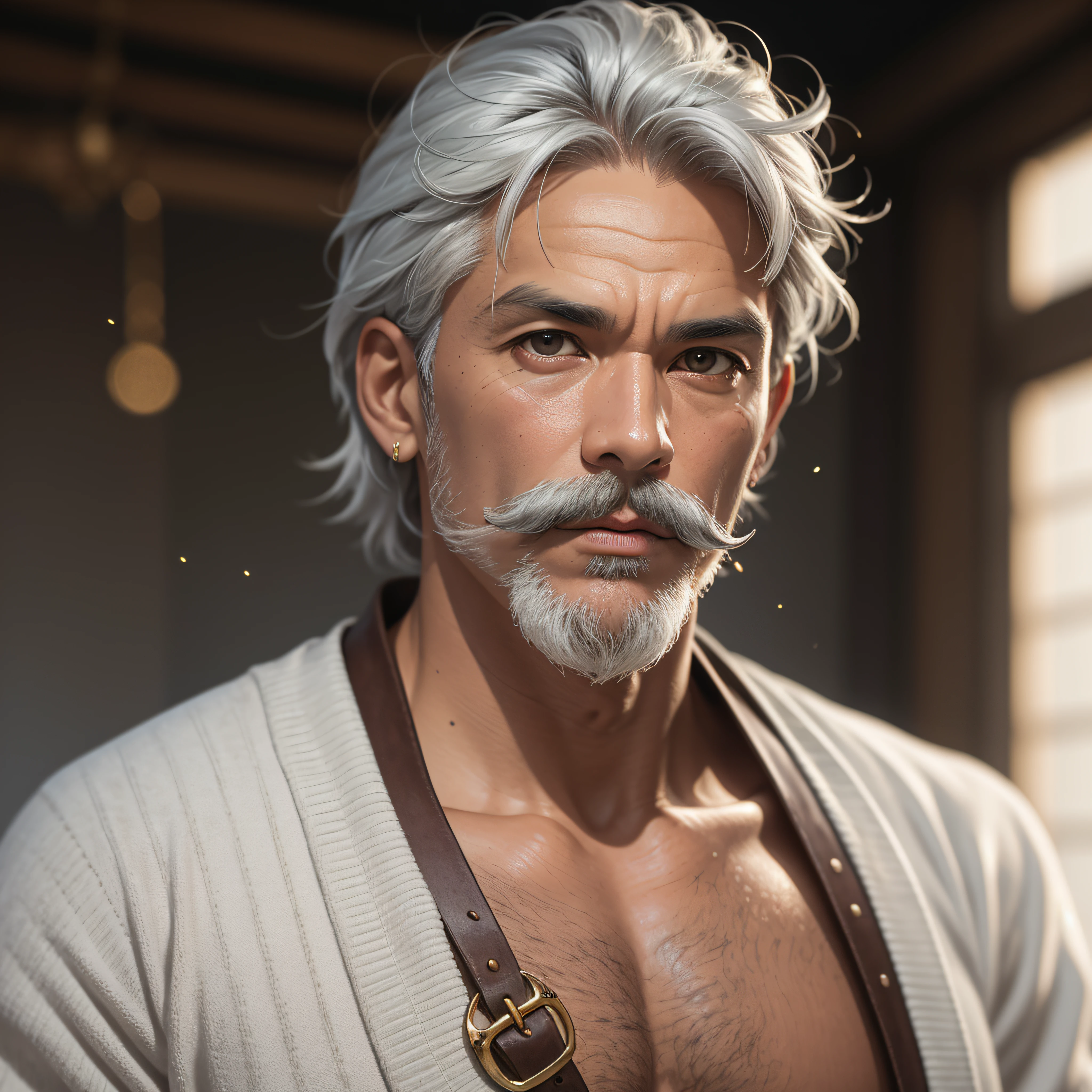 Portrait of 1man, muscular, asian, tanned skin, grey hair, grey upward pointing mustache, brown eyes, wearing belt, wearing white loincloth, wearing white tunic:1.2, in light room with tapestries, looking at viewer, (inquisitive expression), regal demeanor, warrior, bokeh, raytracing, realistic textured skin, particle effects, depth of field