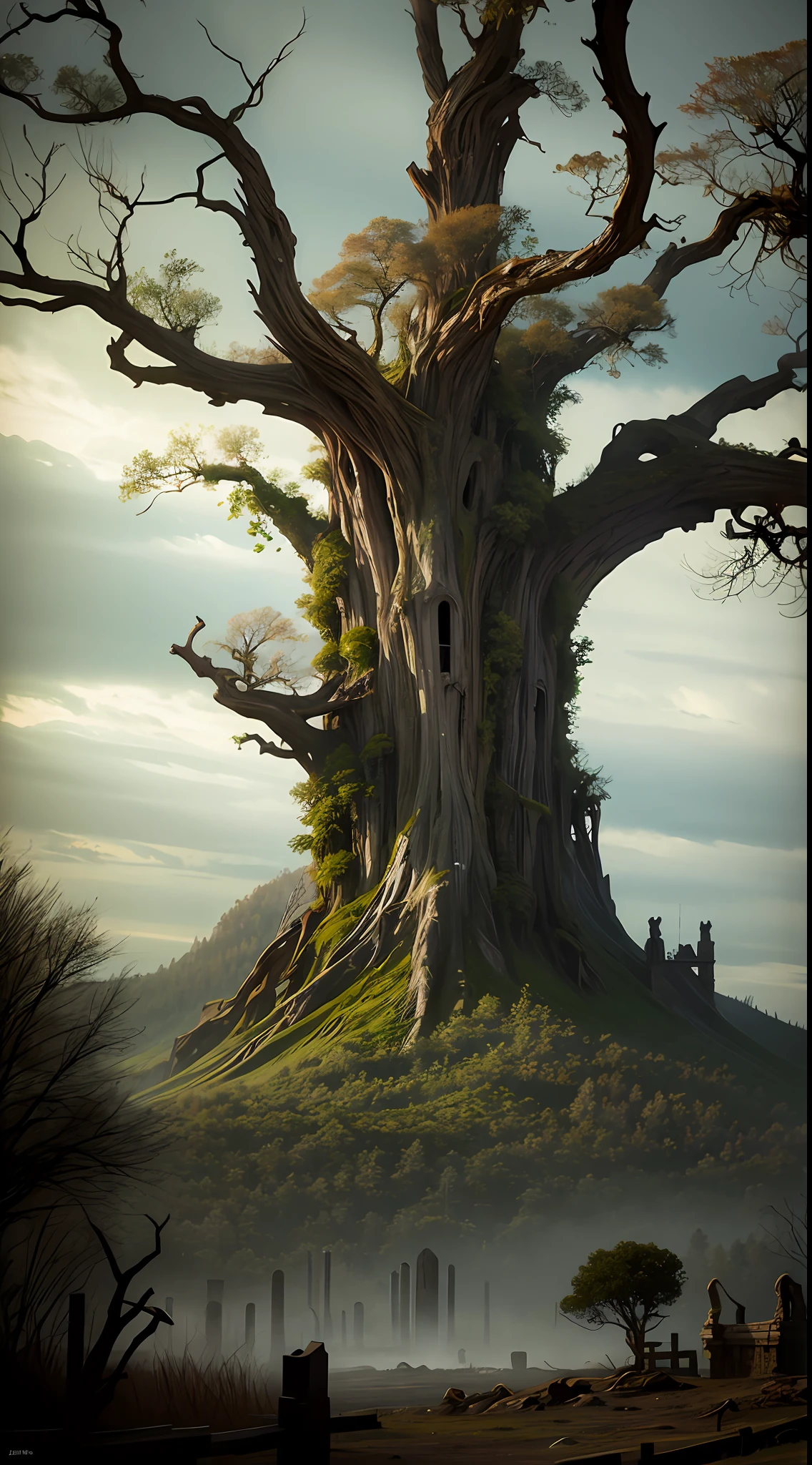 realistic image of an ancient, haunted tree, powerful, spooky, haunted, scary, creepy, magical, fantasy, rendered as a matte painting