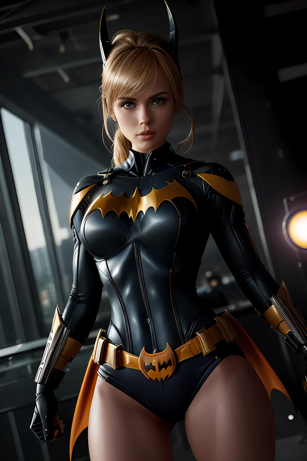 (Extremely detailed 8k wallpaper), a mid shot photo of batgirl, confident, sexy extreme short top, calm, modern futuristic clothing, complex, highly detailed, and dramatic, cinematic lighting, bright scene, cameltoe:1.2, thigh gap, soft lights, large breasts:1.3