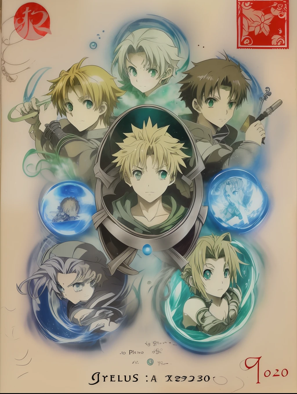 (((Rudeus))),((Obra-prima do anime))), Concentrando Magia verde azul, vortex, particuls, (sentado), 1 garoto, vintage Estados Unidos Selo Postal, Selo de 3 centavos,  tinta verde, Gravura em linha, intaglio