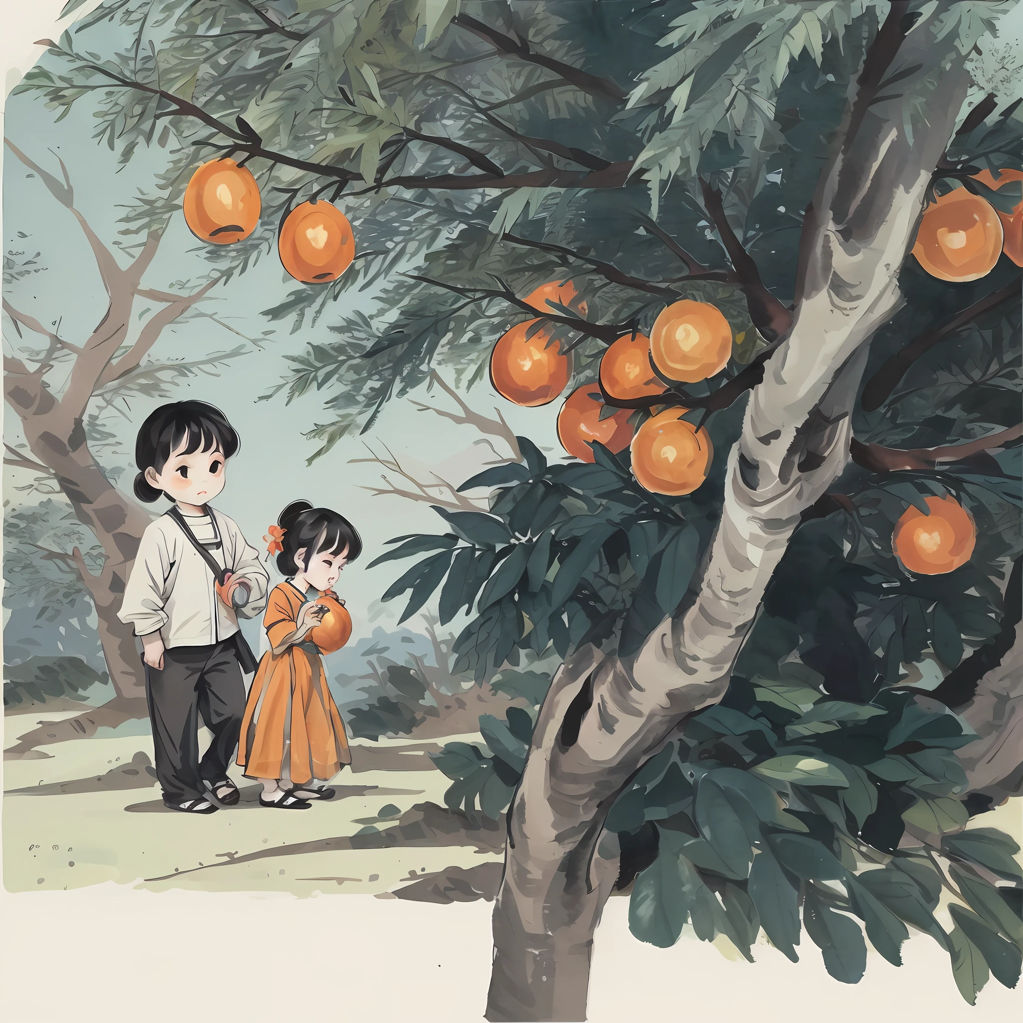 child,8k,Official propaganda poster,oranges,Fu culture,Walk under the banyan tree