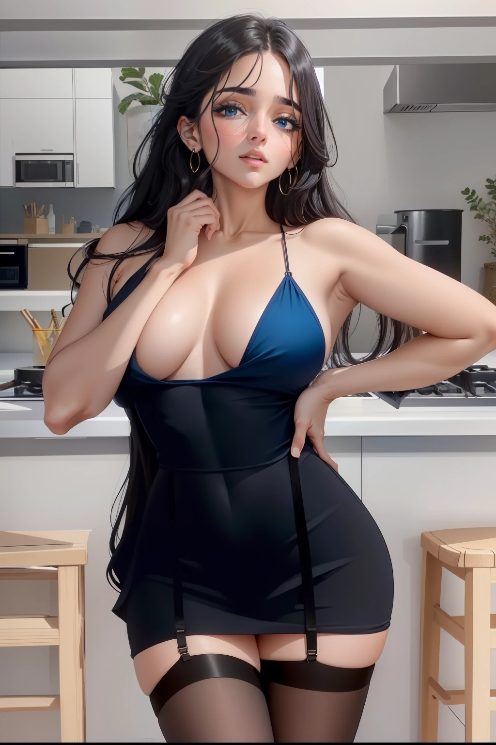 (Obra maestra: 1.2, La mejor calidad: 1.2, Beautiful, alta calidad, High resolution: 1.1,), Detailed aesthetics, extremadamente detallado, soft ambient lighting, 4k, ojos perfectos, Cara perfecta, perfect ilumination, charachter, Alternate breast size , Cabello largo y negro, resplandeciente, ojos brillantes, pelo entre los ojos, labios, Cabello largo, Mirando al espectador, labios separados, regordete, Ojos azul diamante, Ocean blue eyes, solamente, senos medianos, Figura humana perfecta, (Tema azul