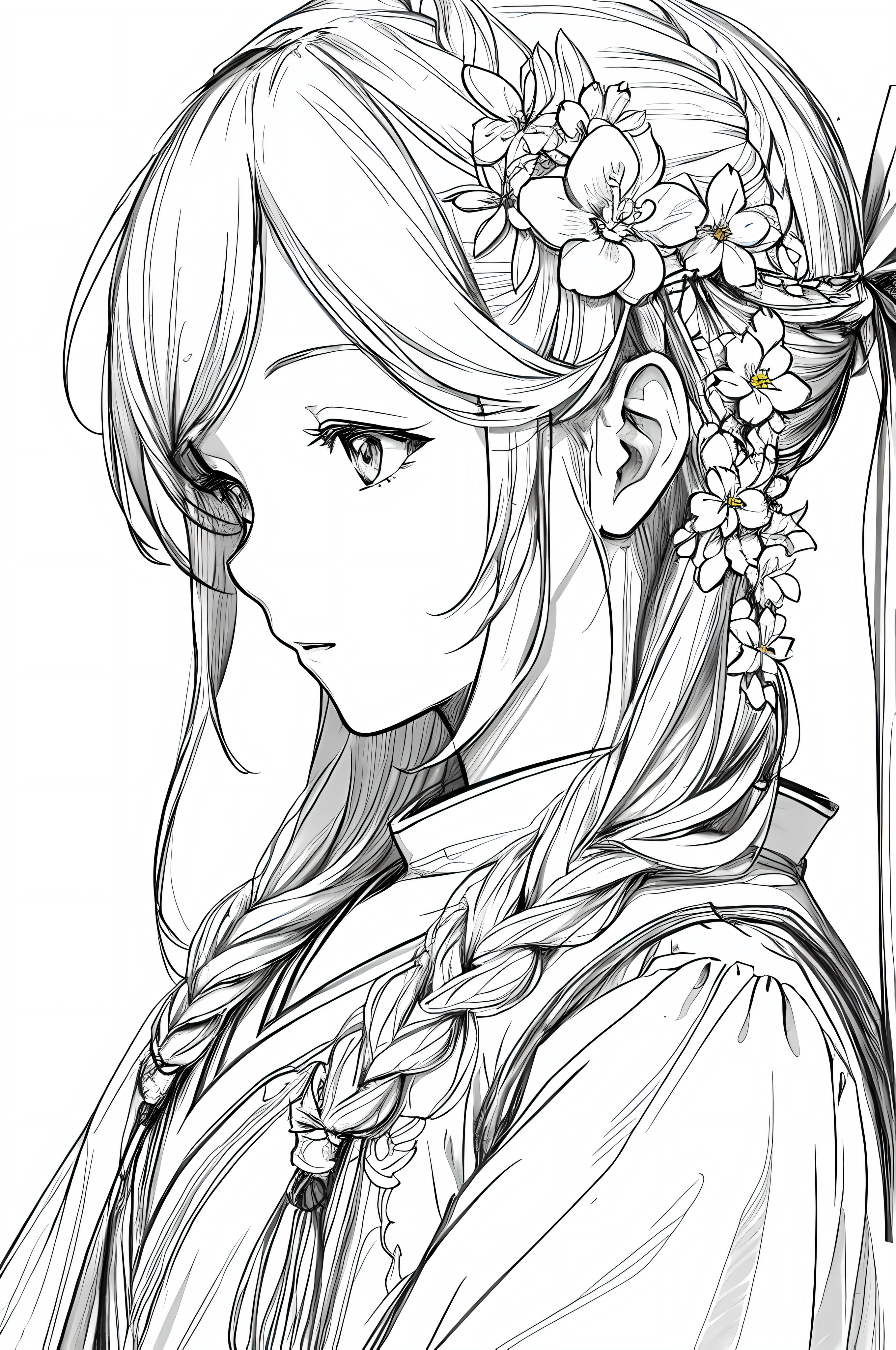 masterpiece, acura, 1girl, solo, hanfu, long hair, profile close-up, flower line drawing background, white background, monochrome, line drawing, ((sketch))