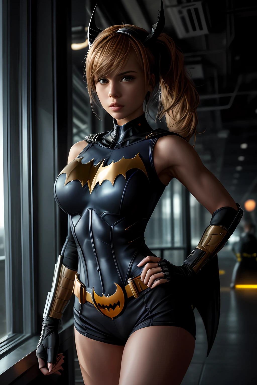 (Extremely detailed 8k wallpaper), a mid shot photo of batgirl, confident, sexy short top, calm, modern futuristic clothing, complex, highly detailed, and dramatic, cinematic lighting, bright scene, cameltoe:1.2, thigh gap, soft lights, large breasts:1.3,