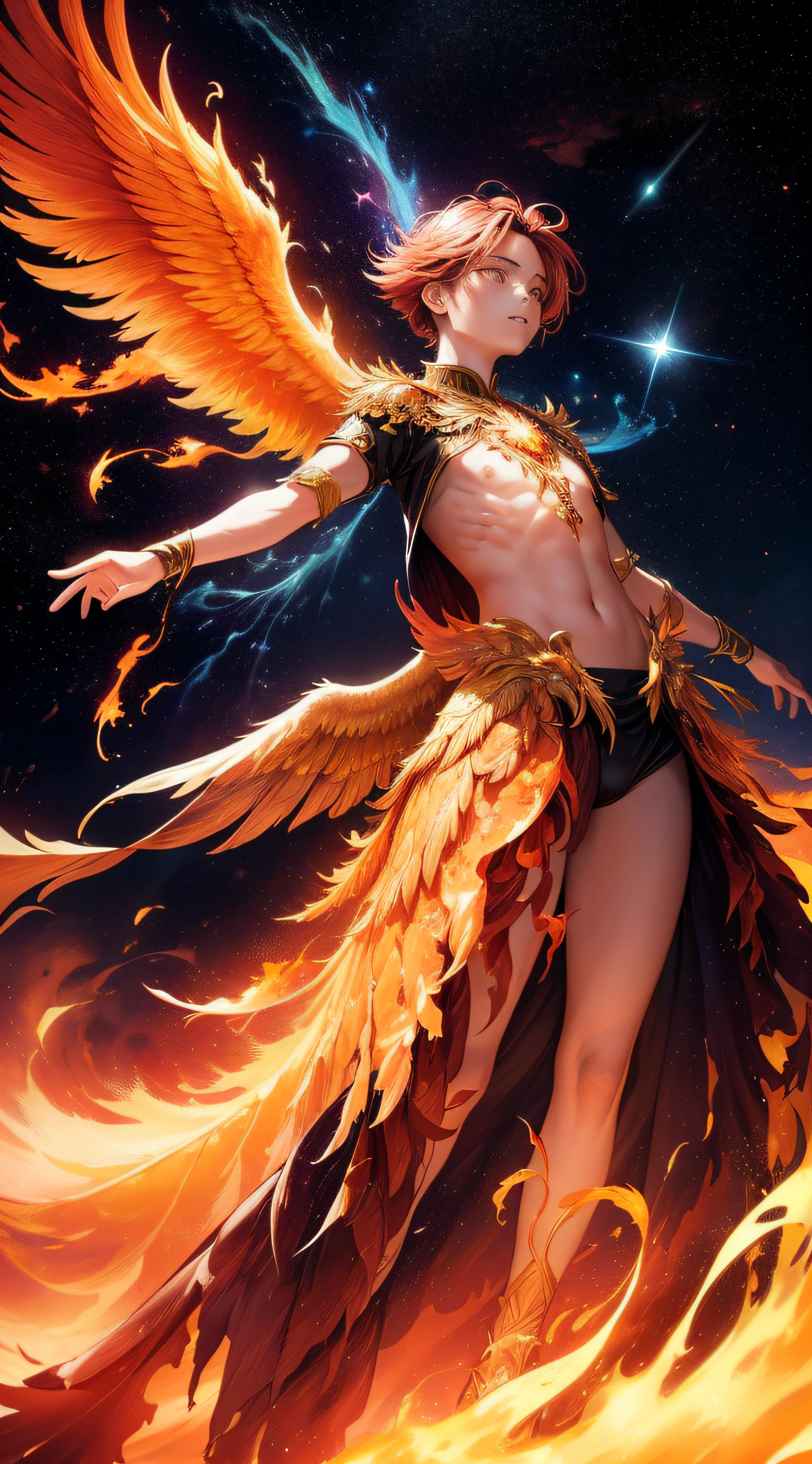 A phoenix emerges triumphantly from a burst of fiery ashes, its wings outstretched and radiant. The background features a celestial landscape with stars and nebulae. The artwork should convey a sense of awe and wonder, with a focus on the phoenix's triumphant rebirth. (emerges triumphantly:1.4), (burst of fiery ashes:1.5), (wings outstretched and radiant:1.3), (celestial landscape:1.3), (stars and nebulae:1.2), (sense of awe and wonder:1.4), (focus on phoenix's triumphant rebirth:1.3), (highly detailed), (sharp focus), (photorealistic).