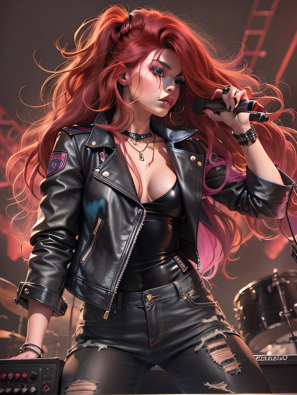 mulher que toca teclado no palco do concerto de rock, roqueiro vestido com jaqueta jeans preta, black leather pants, with long red hair with pink stroke.