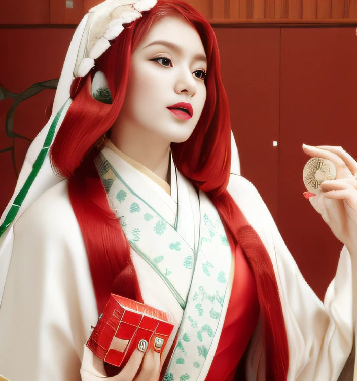 Kimono with white、Have a coin and a small box、Indian women、redhair