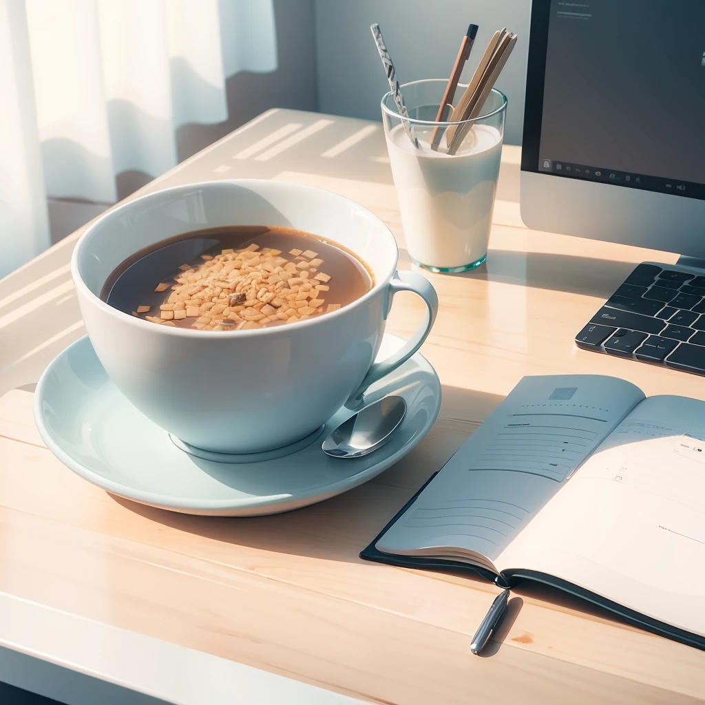 Modern office desktop,HD 2K quality,A diary,glass of milk,A bowl of cereal,Medium view display(best qualtiy),(Close-up shot:1.4),