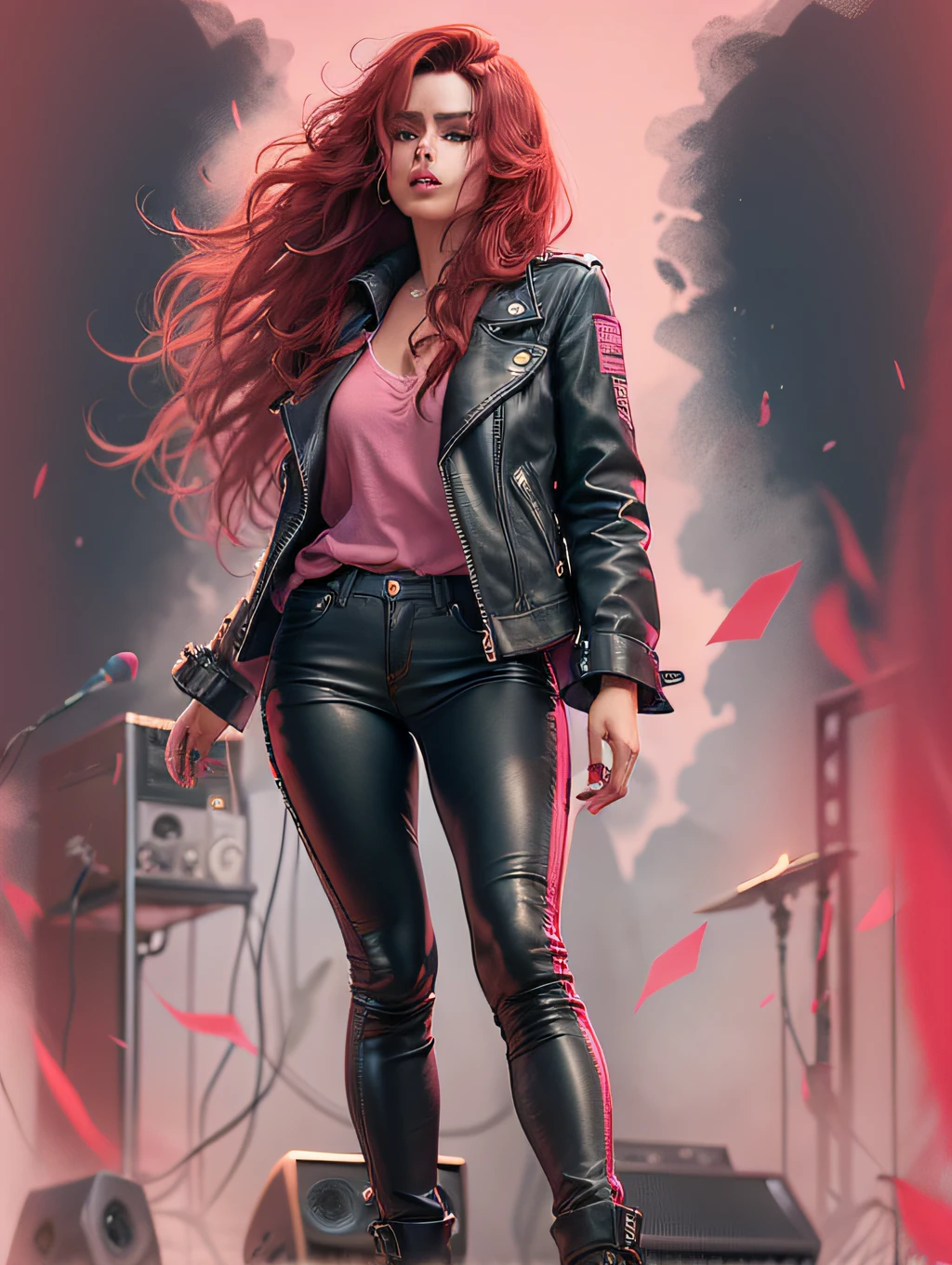 mulher que toca teclado no palco do concerto de rock, roqueiro vestido com jaqueta jeans preta, black leather pants, with long red hair with pink stroke.