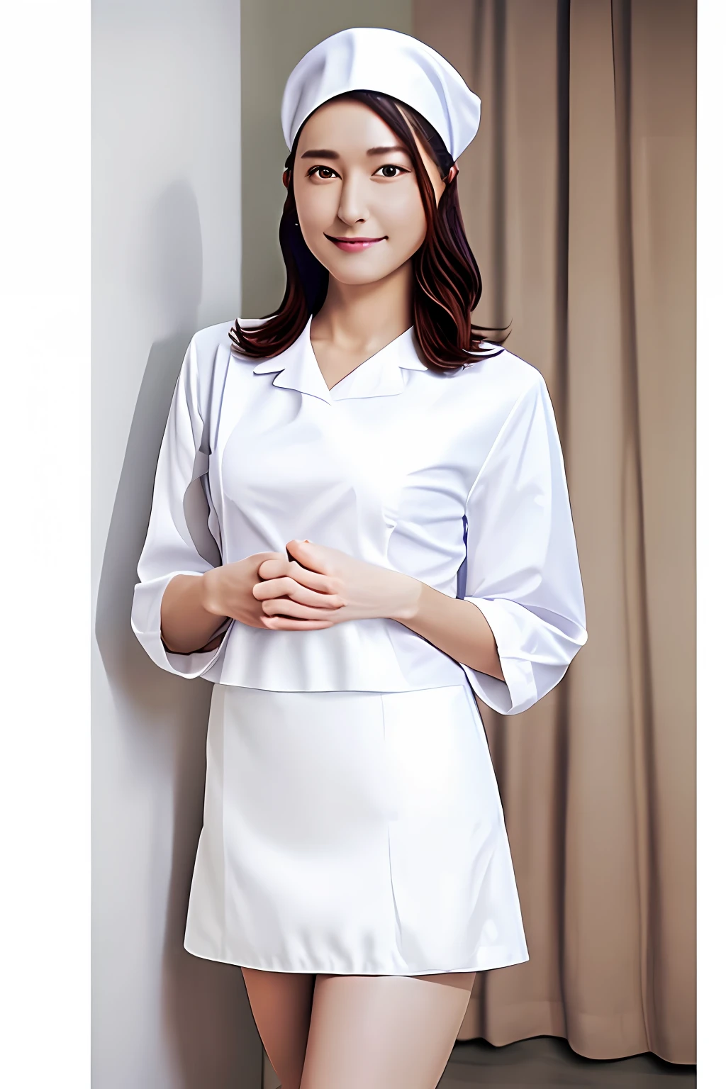 Alafed woman in white nursing uniform poses for photo,Ultra mini skirt、Shorter skirts、Short skirts that look good on the thighs、Glossy appearance、panthyhose、White panty、Nurse Cap、Beautiful camel toe、beautiful thigh、Beautiful facial features、Longhaire、 nurse girl, Nurse, wearing a white hospital gown, Nurse Uniform, with white coat, close - fitting nurse costume, doctor, sakimichan, (doctor), White uniform, Yasumoto Oka