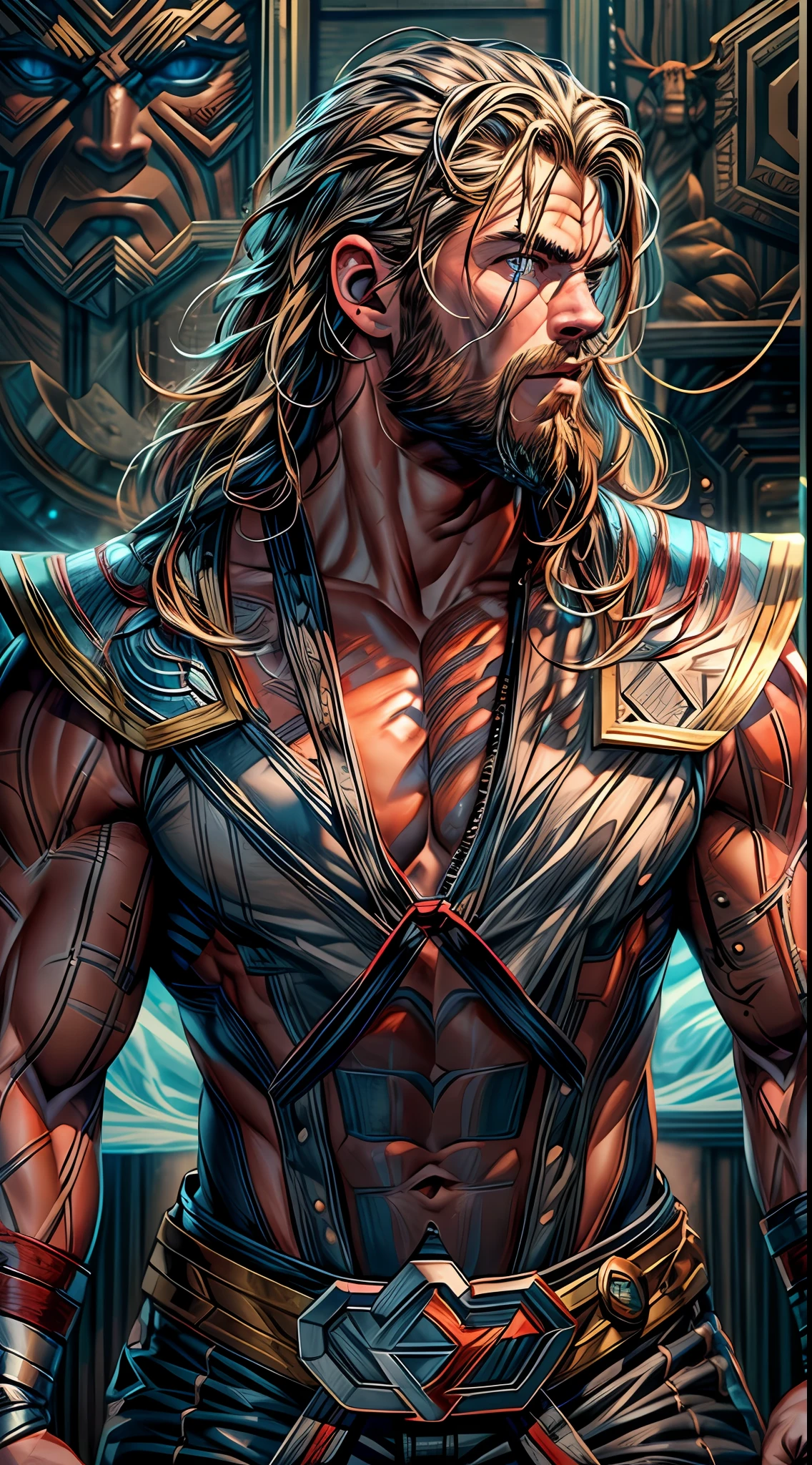(RAW Photo, Best Quality), (Realistic, Photorealistic Photo: 1.3), Best Quality, Highly Detailed, Masterpiece, Ultra Detailed, Illustration, Marvel cinematic universe, marvel, Chris Hemsworth, Chris Hemsworth as Thor, mascular, high detailed on muscles, background should be epic, upper body, high detail on dress, Norse god of thunder, Best Quality, Extremely Detailed CG Unified 8k Wallpaper, Ink, Amazing, badass look, portrait, close up (skin texture), intricately detailed, fine details, hyperdetailed.