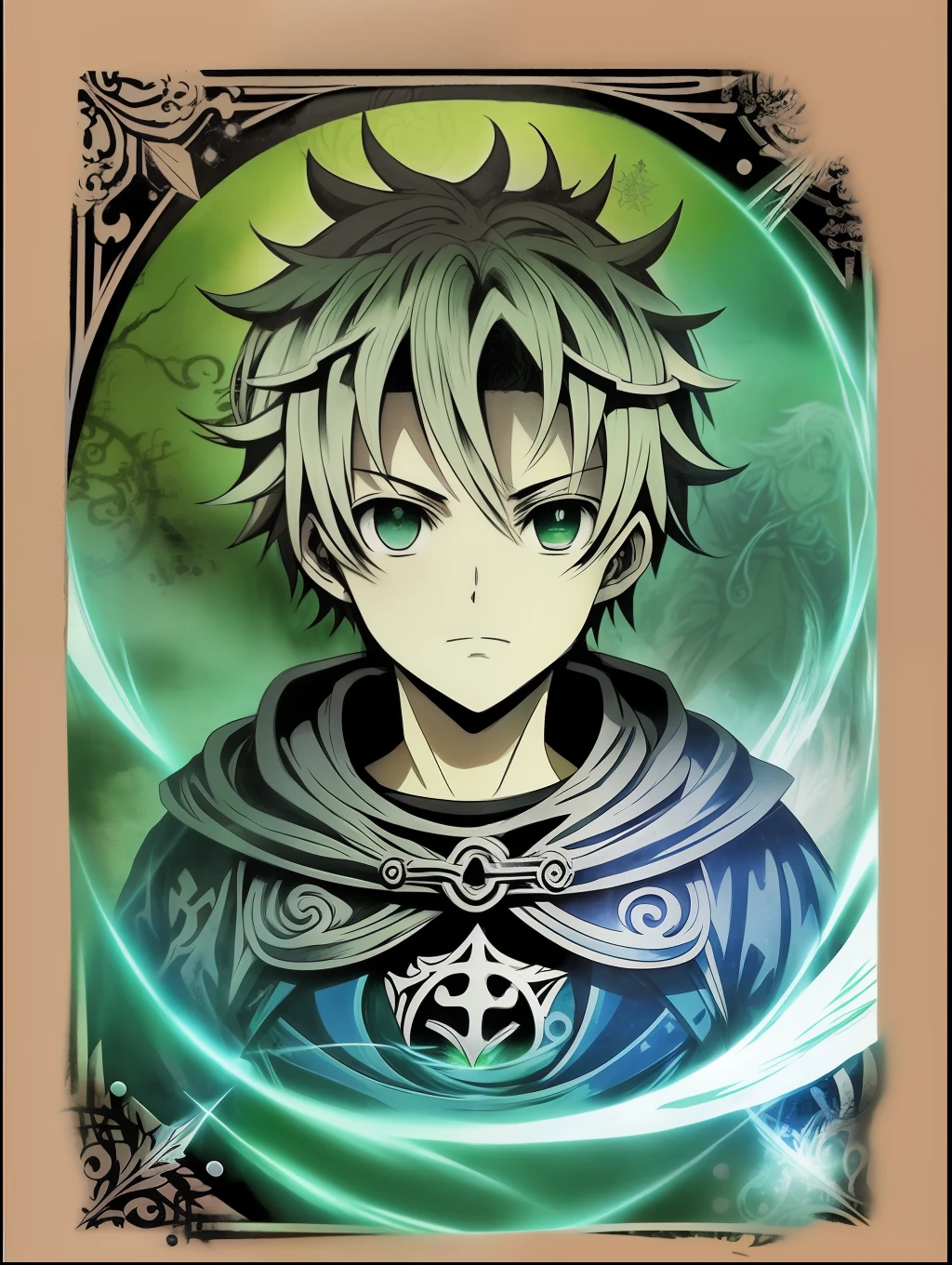 (((Rudeus))),((Obra-prima do anime))), Concentrando Magia verde azul, vortex, particuls, (sentado), 1 garoto, vintage Estados Unidos Selo Postal, Selo de 3 centavos, tinta verde, Gravura em linha, intaglio