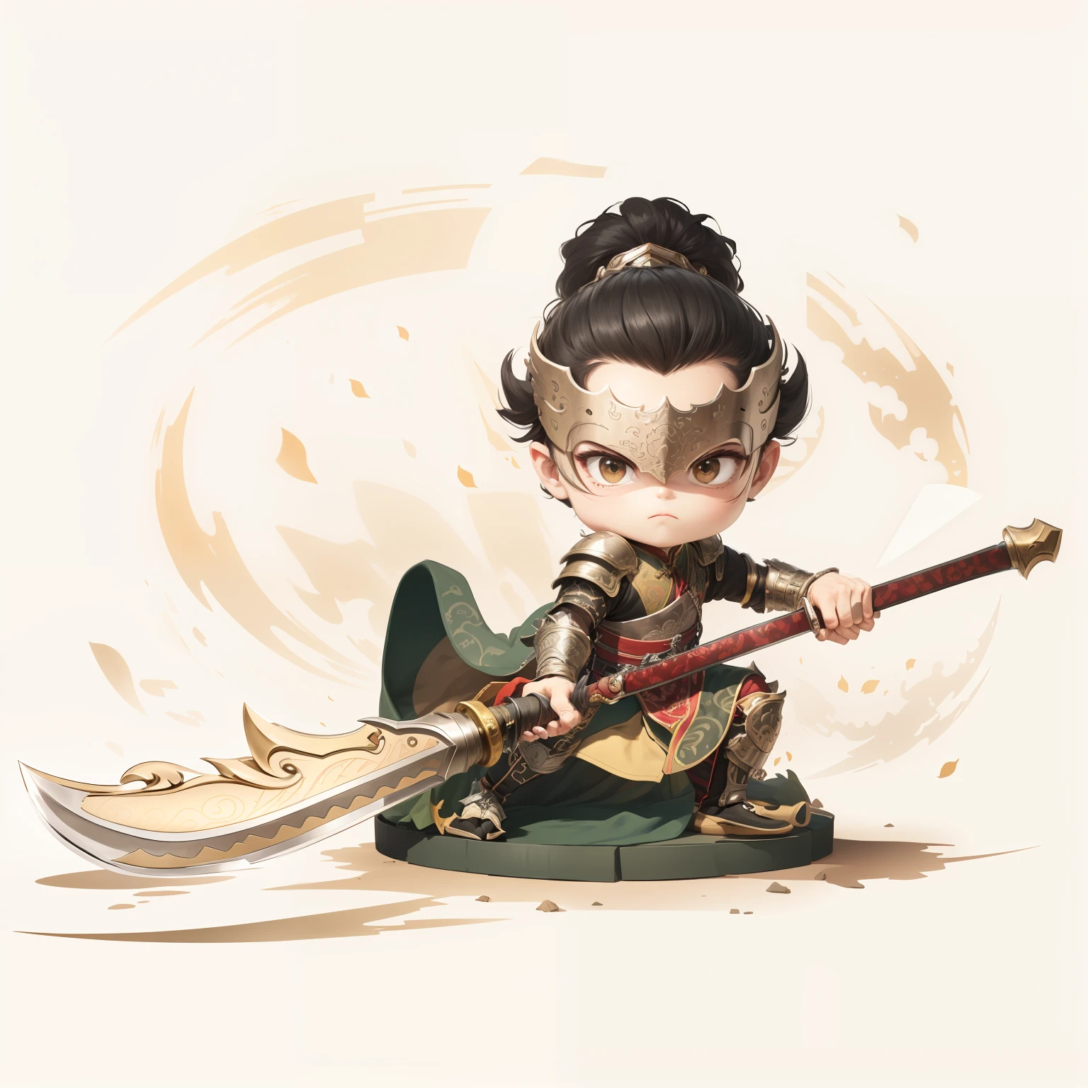 male people,Male characters,tchibi,Bad,Green Dragon Moon Knife,Big knife weapons,The handle has a delicate pattern,Shoulder blades,metal breastplate,chainmail,Animal pattern cuirass,chest plate,Bracers,Flowing hem,China-style,Chinese-style clothing,Chinese shoes,There are beautiful patterns on the weapon grips,Refinement,Fine painting,Refinement,infinite details,high definition detail,Delicate belt,Belt accessories,Male characters,Blindfolds,Black color hair,Patterned,Pattern,Blank background,Bright colors,Metal edging