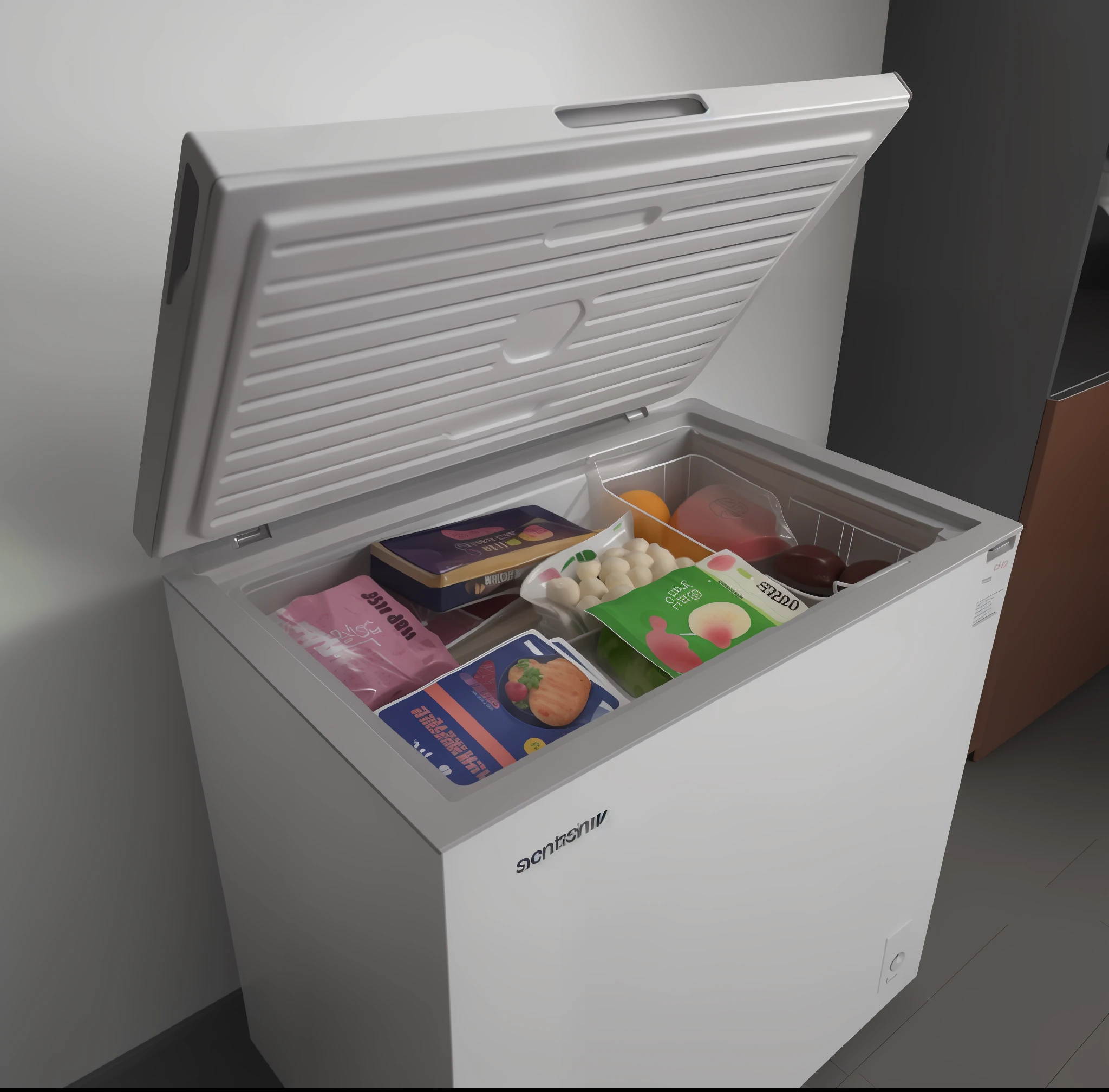 There is a white freezer,There was a lot of food inside, refrigerator, food commercial 4 k, Fridge, 2020, 2 0 2 0, 4 0 9 6, 2019, 2 0 1 9, charging plug in the chest, 3 d product render, Product rendering, Wang Chen, height of 165cm