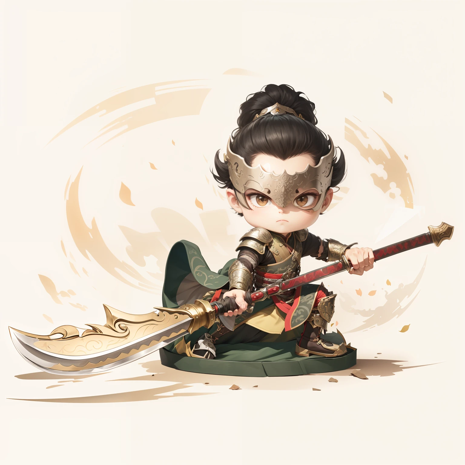 male people,Male characters,tchibi,Bad,Green Dragon Moon Knife,Big knife weapons,The handle has a delicate pattern,Shoulder blades,metal breastplate,chainmail,Animal pattern cuirass,chest plate,Bracers,Flowing hem,China-style,Chinese-style clothing,Chinese shoes,There are beautiful patterns on the weapon grips,Refinement,Fine painting,Refinement,infinite details,high definition detail,Delicate belt,Belt accessories,Male characters,Blindfolds,Black color hair,Patterned,Pattern,Blank background,Bright colors,Metal edging
