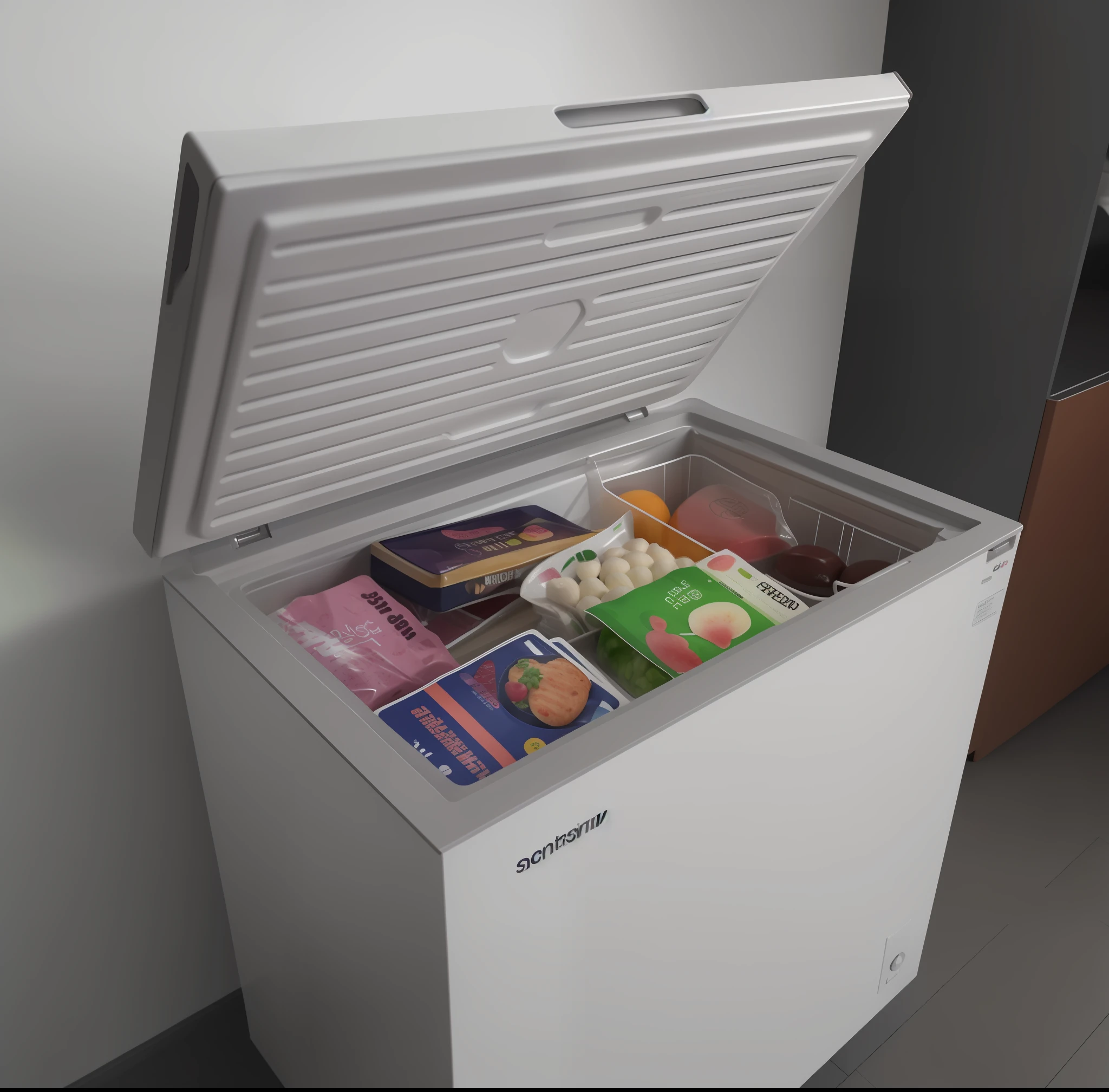 There is a white freezer,There was a lot of food inside, refrigerator, food commercial 4 k, Fridge, 2020, 2 0 2 0, 4 0 9 6, 2019, 2 0 1 9, charging plug in the chest, 3 d product render, Product rendering, Wang Chen, height of 165cm