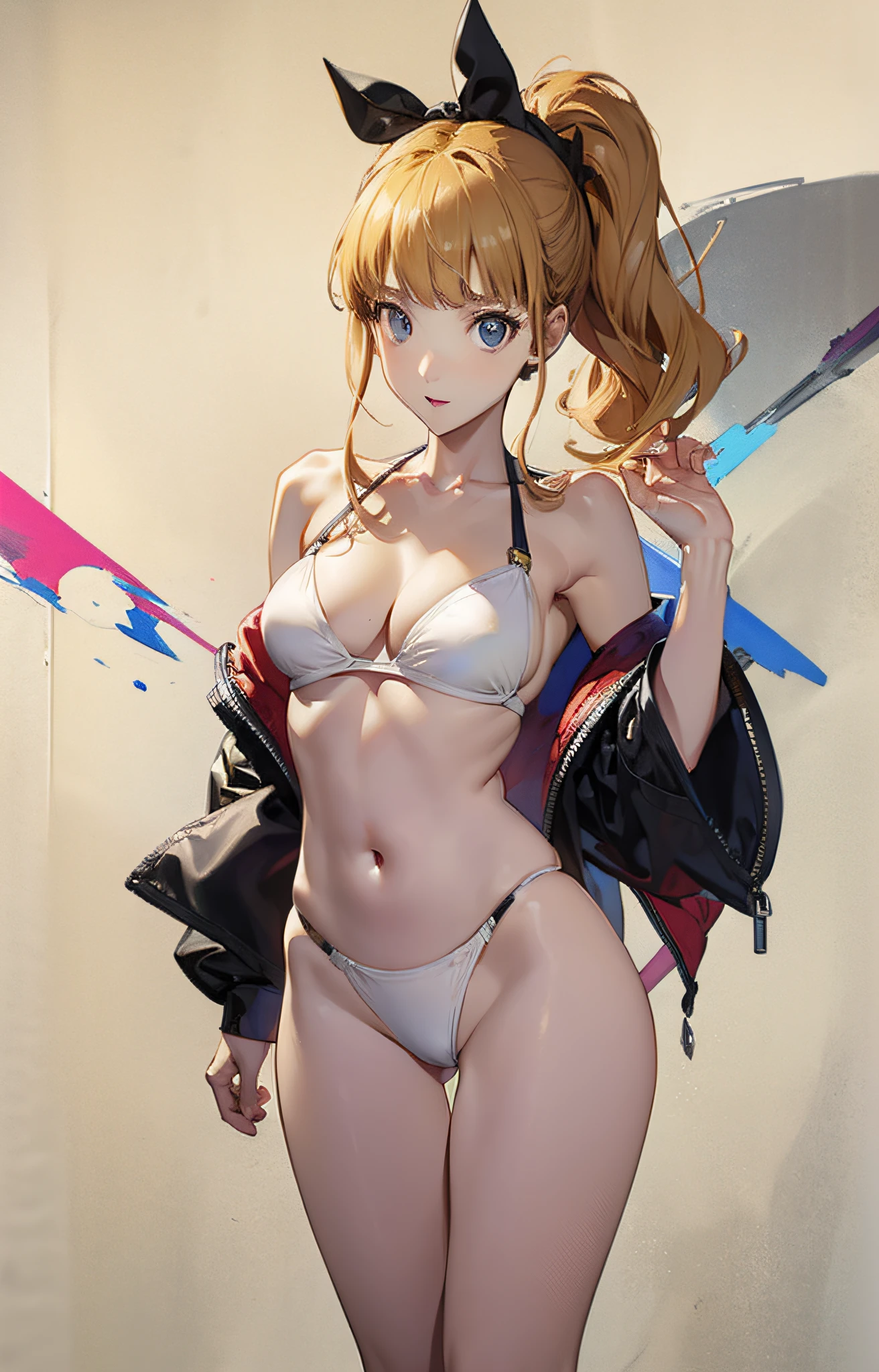 persona 5 art style、Persona 5 Style、Kasumi Yoshizawa、Yoko Asagiri、Full body like、high-level image quality、poneyTail、small tits 、Bangs、Smooth thighs、Patsun、top-quality、The ultra -The high-definition、Fine eyes、Slender legs、Fine and beautiful eyes、a white bikini、stick out buttocks、a blond、blondehair