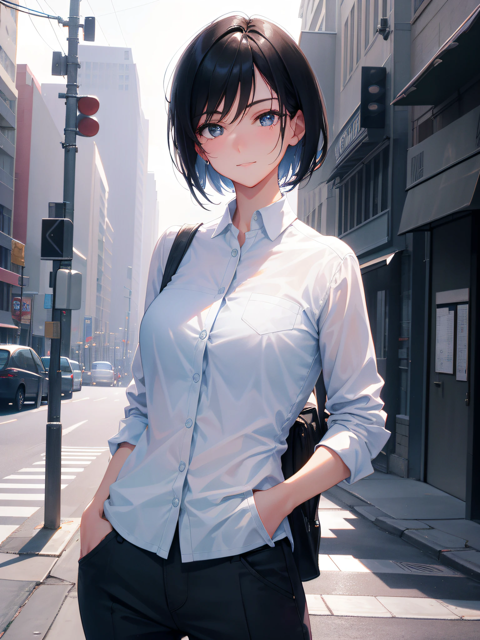 Handsome girl，with short black hair，Boyish，Stand on the city sidewalk，Put your hands in your pockets，With Ultra HD details，Professional lighting and lighting。Delicate, Tall and sexy，light breeze，Brighter scenes，More refined facial features，eyes with brightness，Light smile，anaglyph，Atmospheric perspective，Chiaroscuro，Ray trajectories，super detailing、acurate、best qualityer、Textured epidermis、Anatomically correct