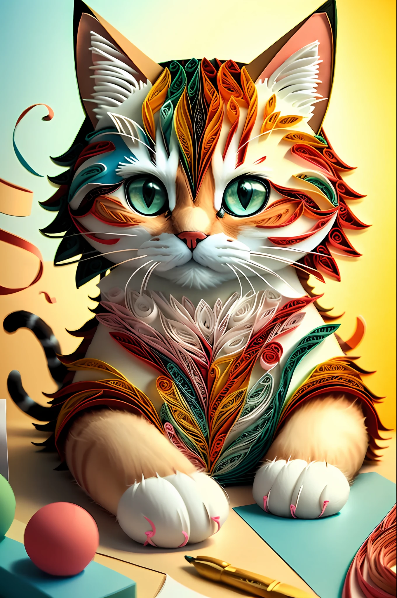 cat, multi-dimensional paper quilling, art, yang08k, cute, colorful, masterpieces, top quality, best quality, official art, cute and aesthetic,