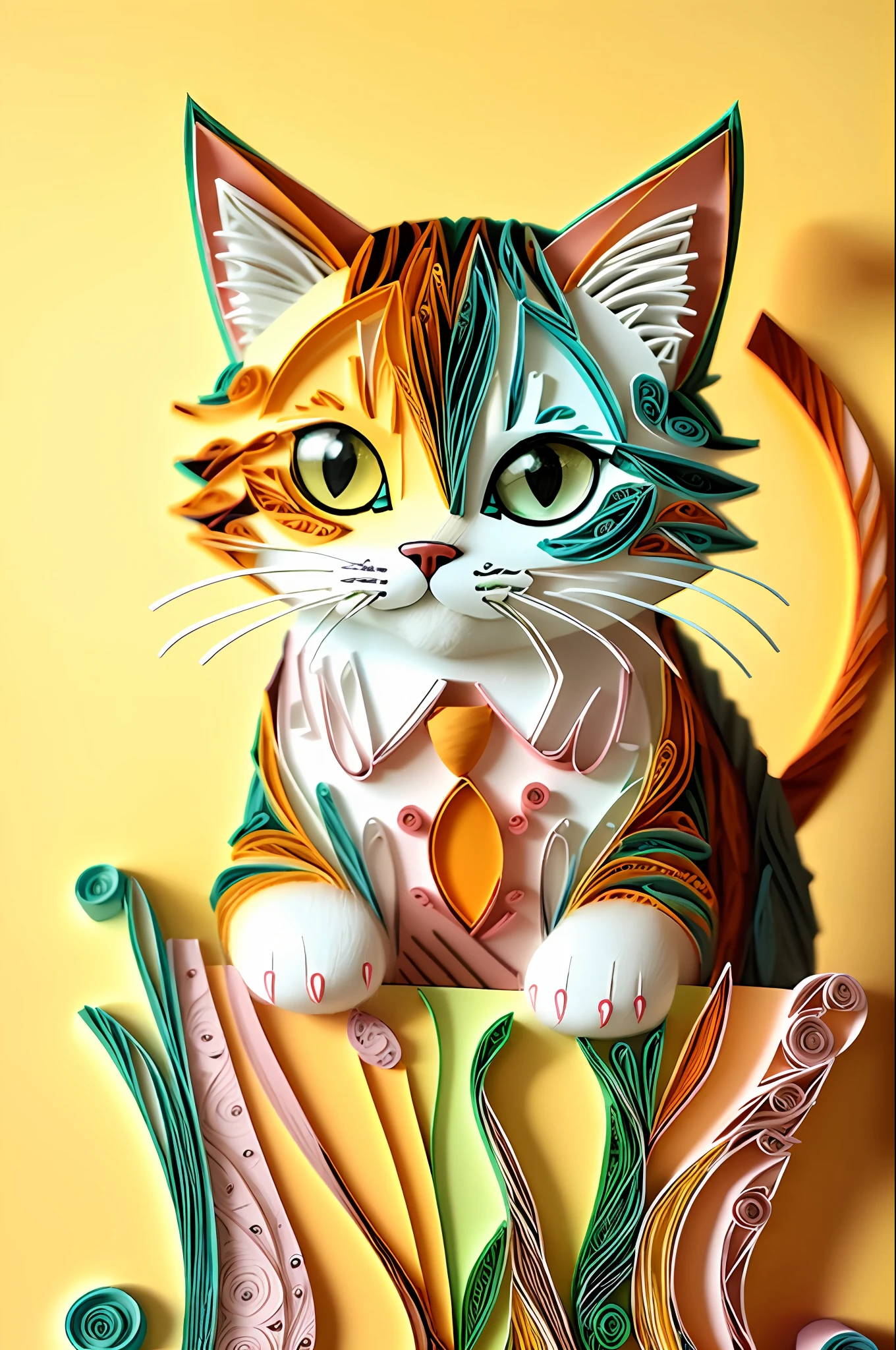 cat, multi-dimensional paper quilling, art, yang08k, cute, colorful, masterpieces, top quality, best quality, official art, cute and aesthetic,