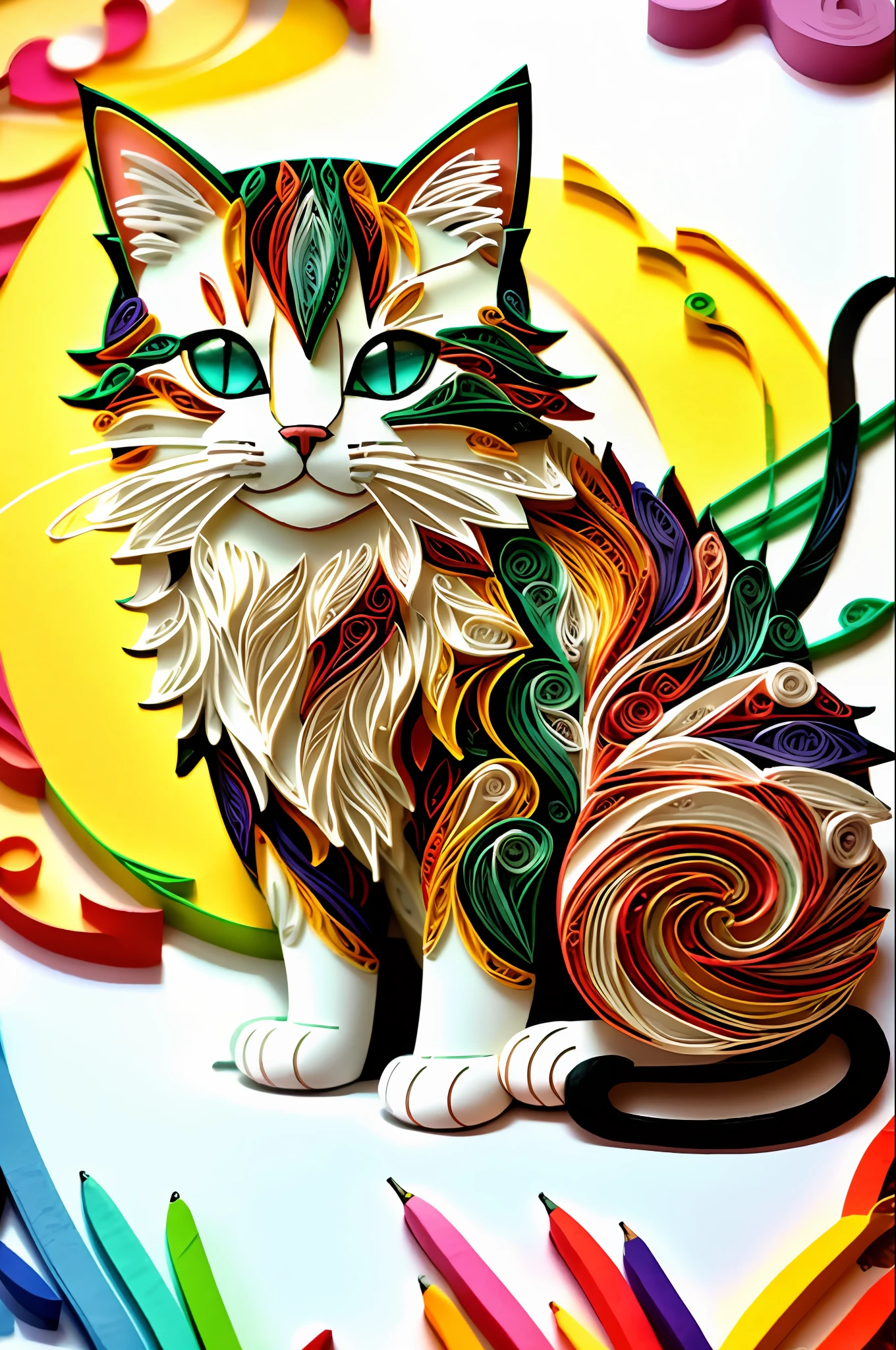 cat, multi-dimensional paper quilling, art, yang08k, cute, colorful, masterpieces, top quality, best quality, official art, cute and aesthetic,