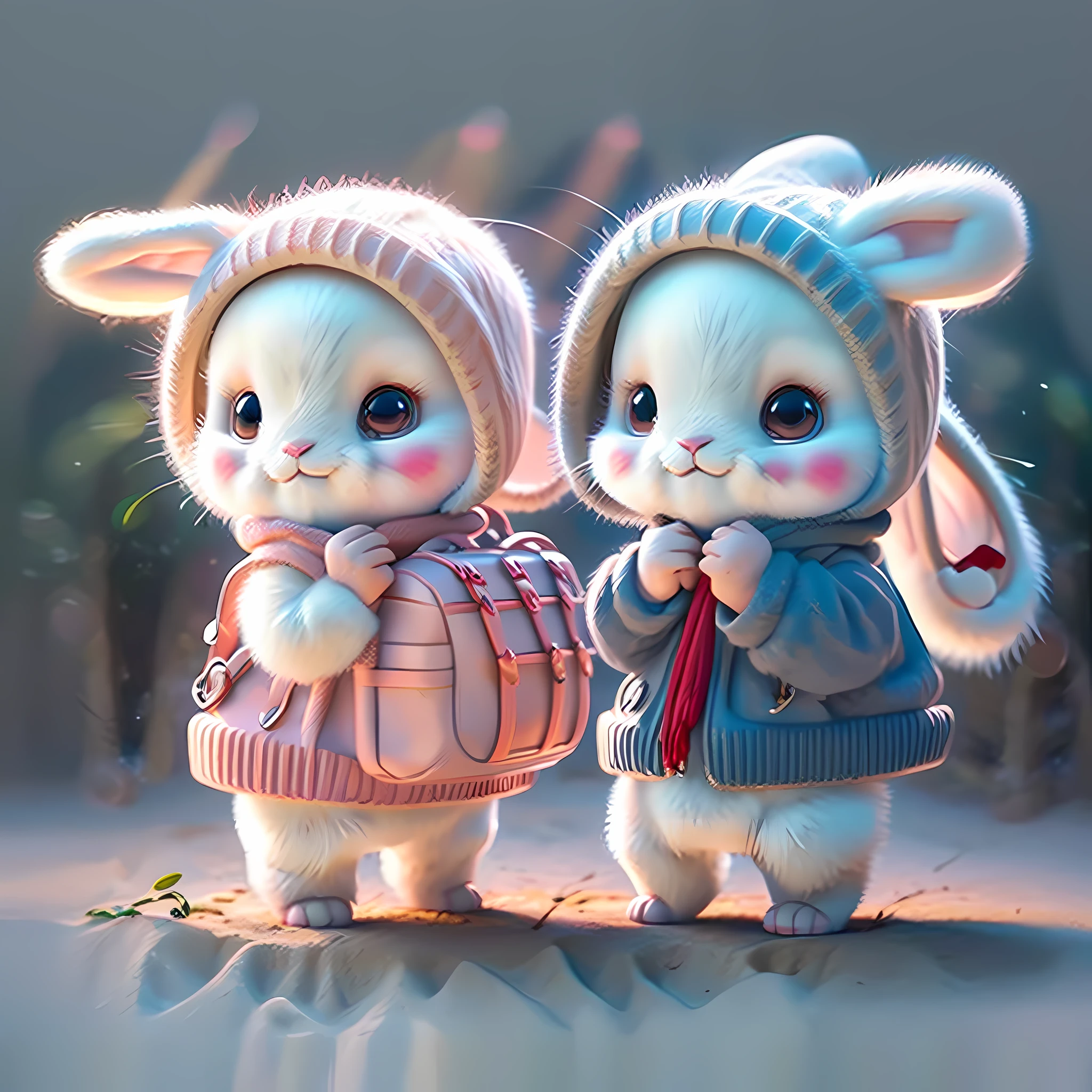 cute chibi bunny wearing school unform, school bus background, school going rabbit, school bags, chibi, cute, avatar bunny