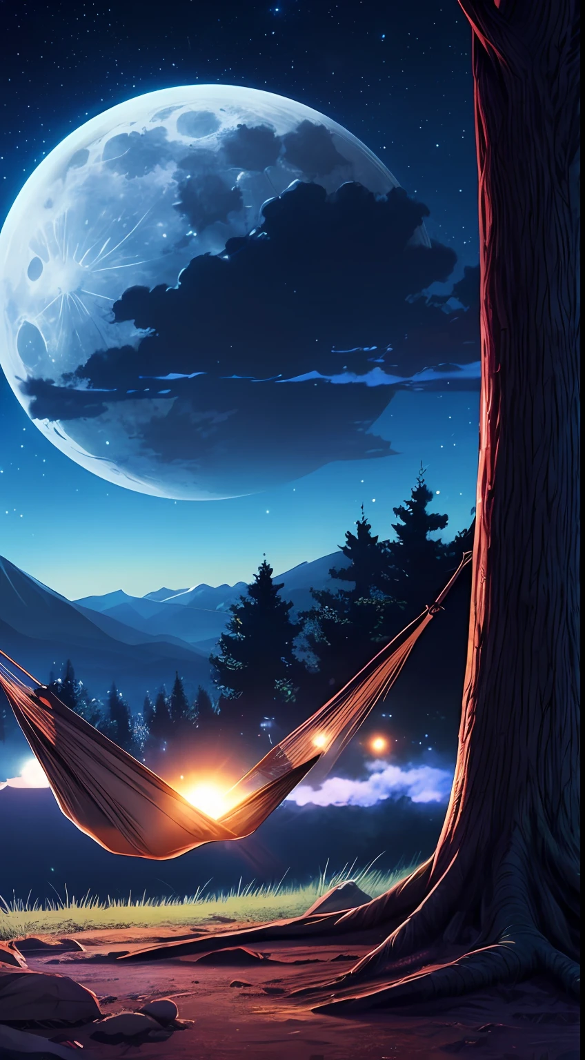 full moon, Hammock between two trees, mountains, concept art by Makoto Shinkai, tumblr, magical realism, beautiful anime scenes, cosmic skies. makoto sinkai, ( ( makoto sinkai ) ), anime background art, anime backgrounds, style of makoto shinkai, Anime Movie Backgrounds, Galaxy Express, Without people.