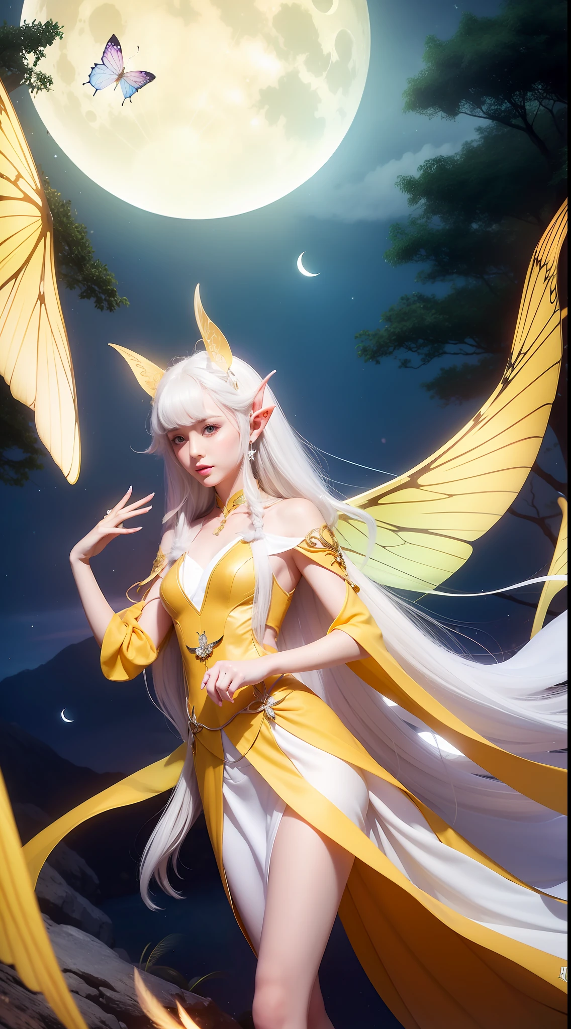 elvish ears，Yellow and white JK suit，Long legs，Colorful butterfly wings，Skysky，Moon，Fly hand in hand with girls
