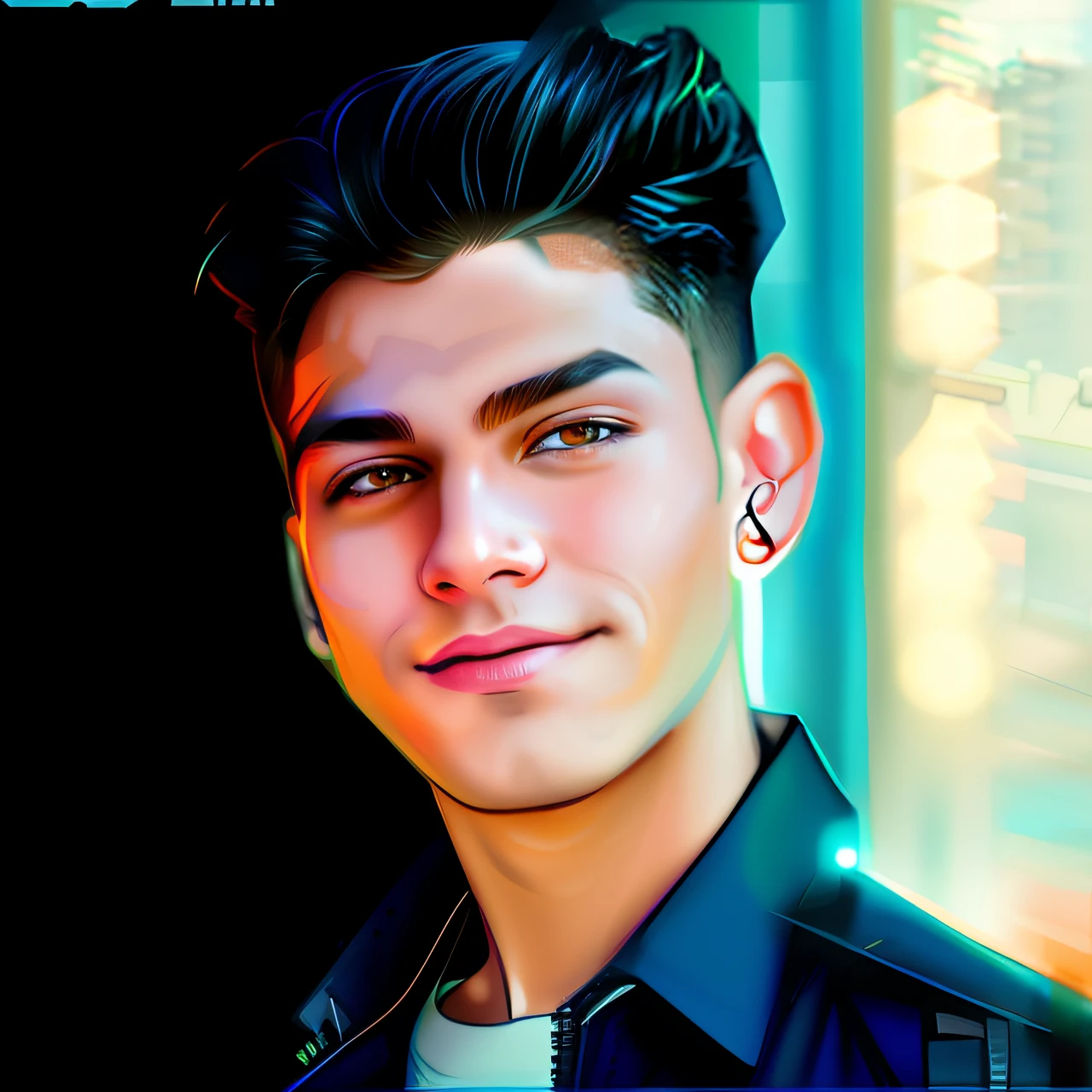 Cyberpunk handsome boy with accurate face,cityscape