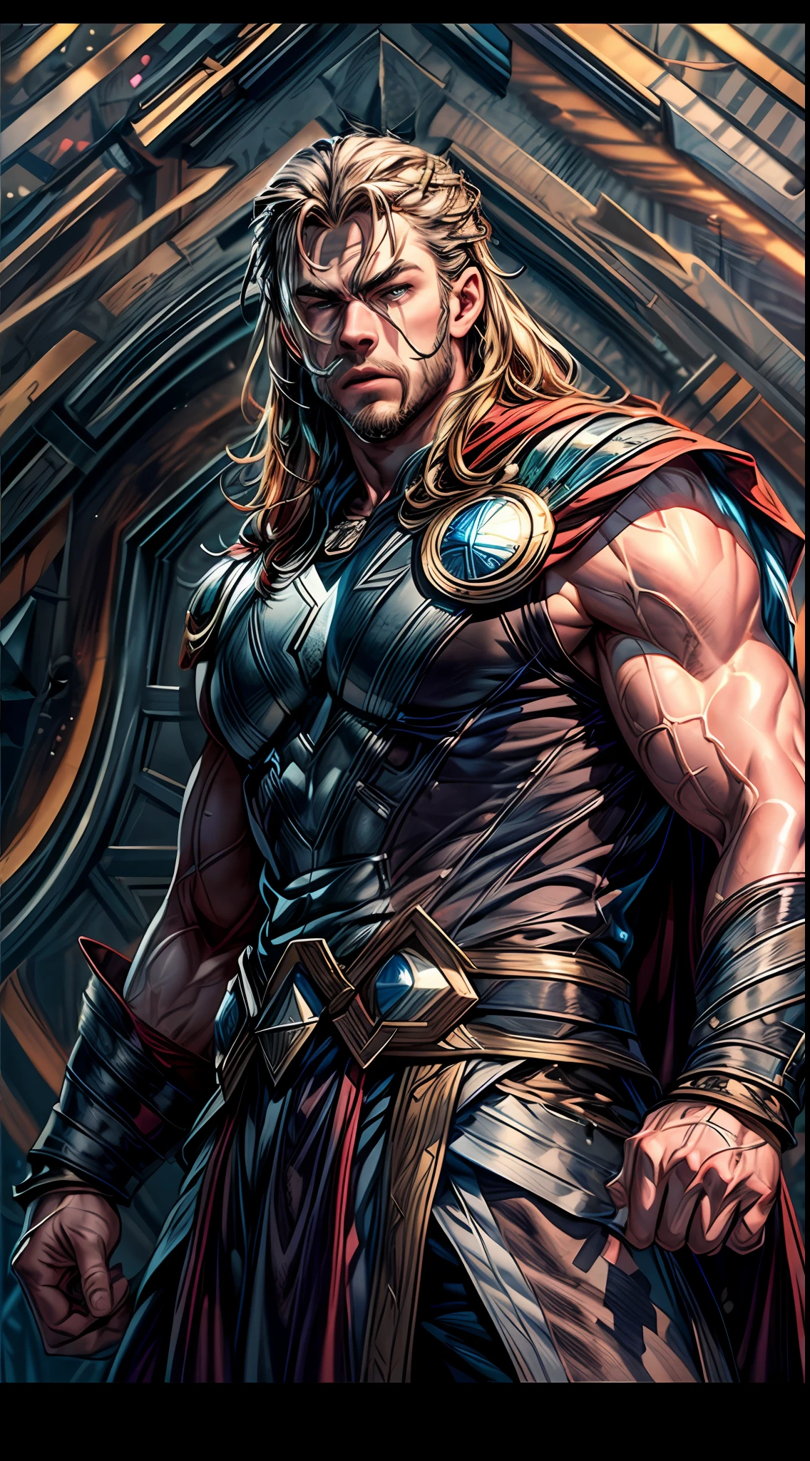 (RAW Photo, Best Quality), (Realistic, Photorealistic Photo: 1.3), Best Quality, Highly Detailed, Masterpiece, Ultra Detailed, Illustration, Marvel cinematic universe, marvel, Chris Hemsworth, Chris Hemsworth as Thor, mascular, high detailed on muscles, background should be epic, upper body, high detail on dress, Norse god of thunder, Best Quality, Extremely Detailed CG Unified 8k Wallpaper, Ink, Amazing, badass look, portrait, close up (skin texture), intricately detailed, fine details, hyperdetailed.