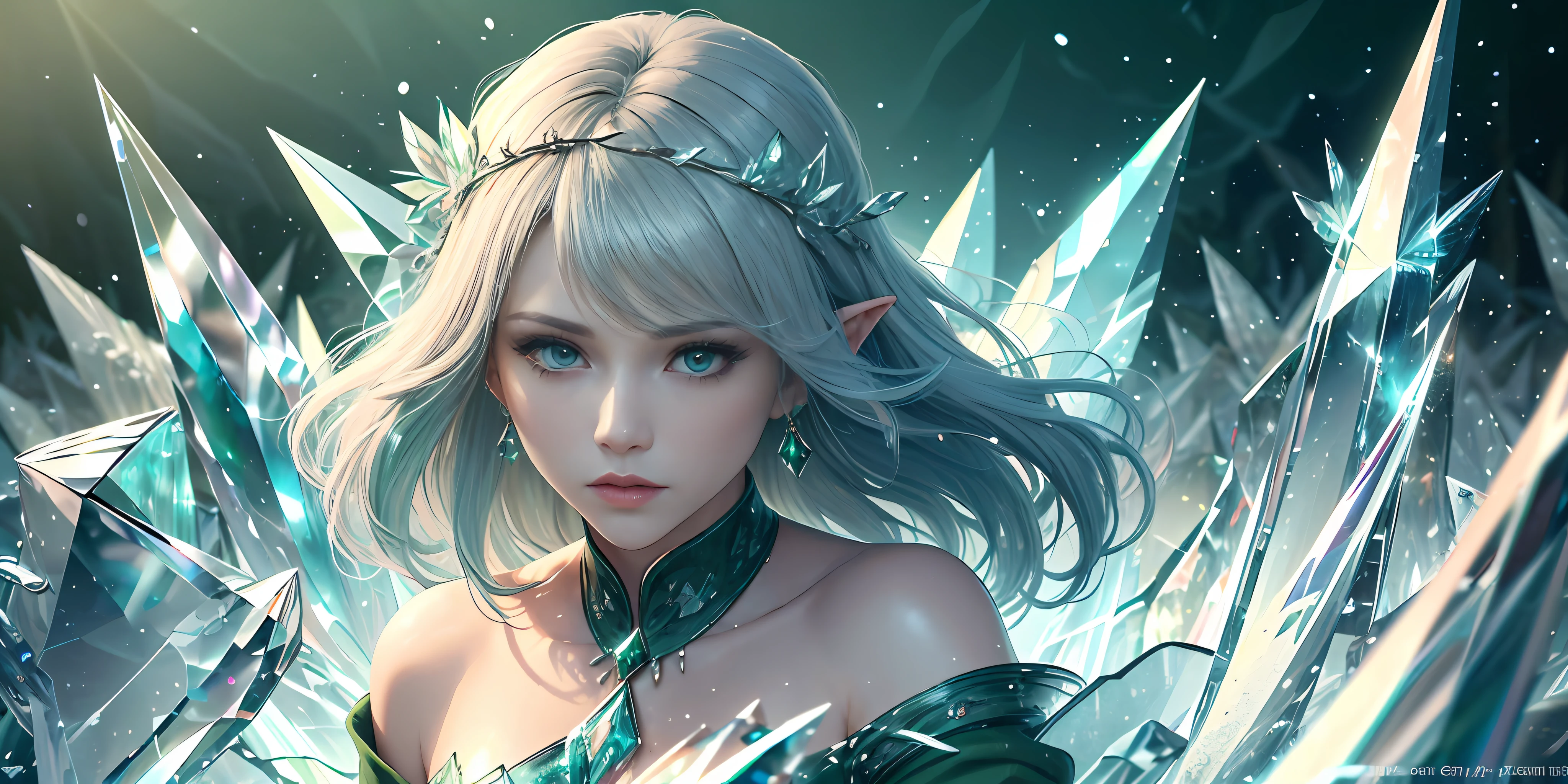 (Masterpiece, Top Quality, Best, Official Art, Beautiful and Aesthetic, Long Exposure: 1.2), Smooth Movement, Charming Patterns, 1 Girl, (Long Dress with Sleeves: 1.3), (((Green Clothes) )), upper body close-up, bare shoulders, Chinese girl, blush, black lob hair, portrait, solo, upper body, looking at the observer, detailed background, detailed face, (crystallineAI, crystalline theme:1.1), elemental wood elf, rotation foliage, control foliage, emerald clothing, dynamic pose, floating particles, ethereal dynamics, foliage, vapor, forest in the background, green tint, forest, ethereal atmosphere,