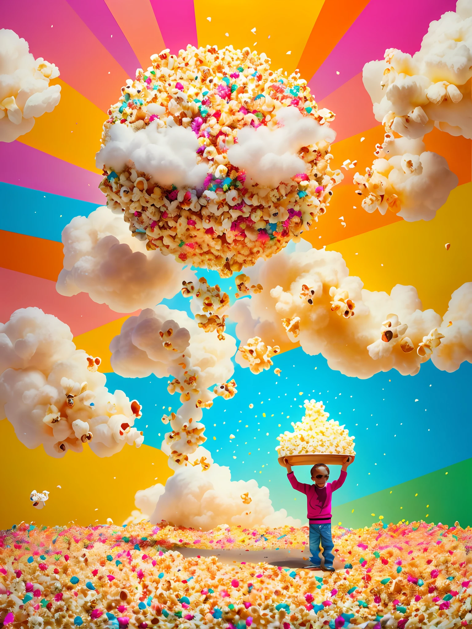 Arafis flew through the air with a bowl of popcorn, Colorful film art, film promotional image, colorful vivid octane render, cinematic movie image, food commercial 4 k, Color octane rendering, cinema 4d colorful render, Inspired by Cyril Rolando, in the style of Cyril Rolando, spectacular cinematic scene, jen bartel, kids movie, cinematic movie scene