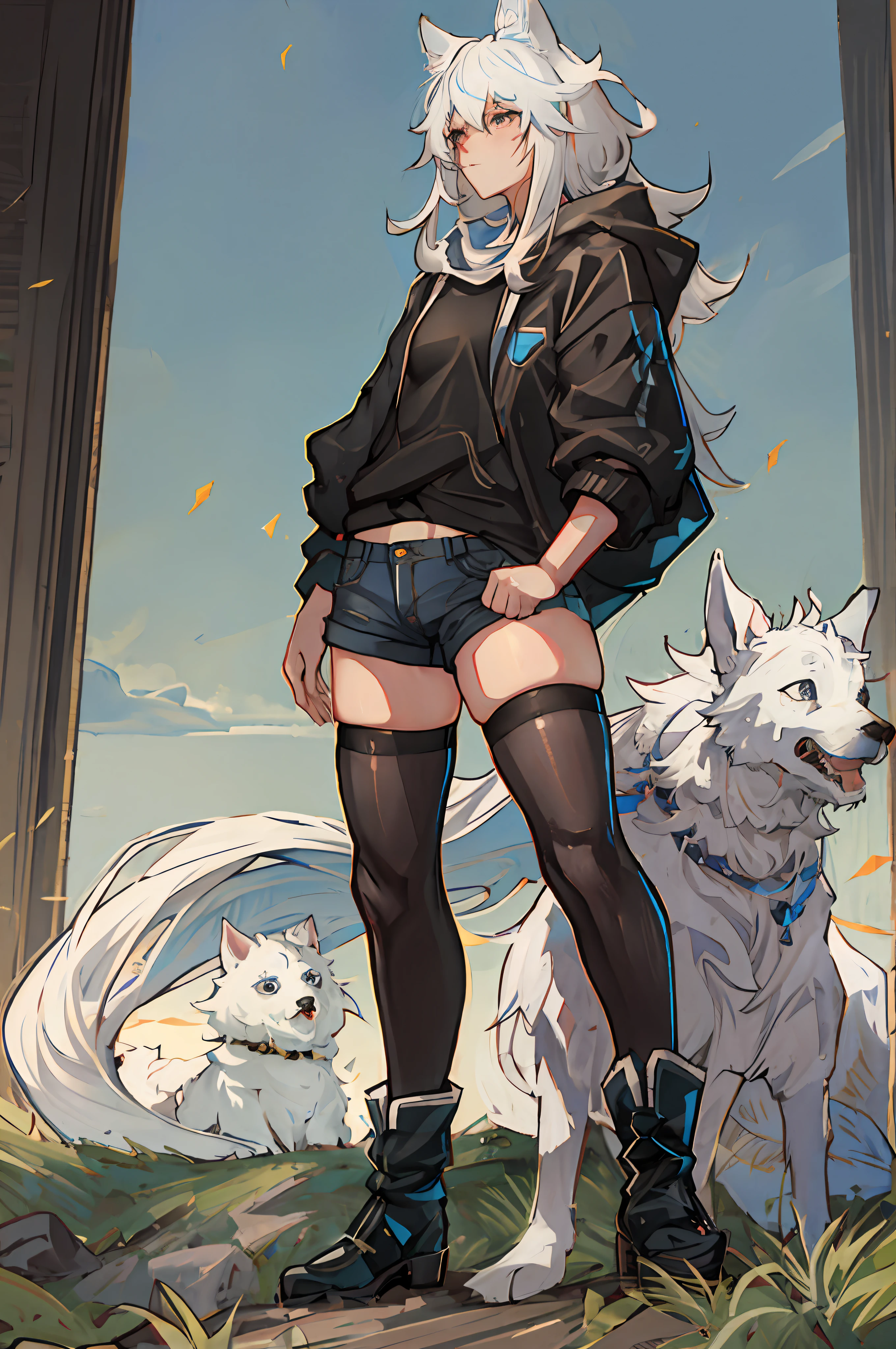 anime femboy with white hair and black boots standing in front of a group of white dogs, from femboy frontline, trending on artstation pixiv, femboy frontline style, fine details. Femboy rontline, by Yang J, extremely detailed artgerm, guweiz on pixiv artstation, guweiz on artstation pixiv, style of artgerm