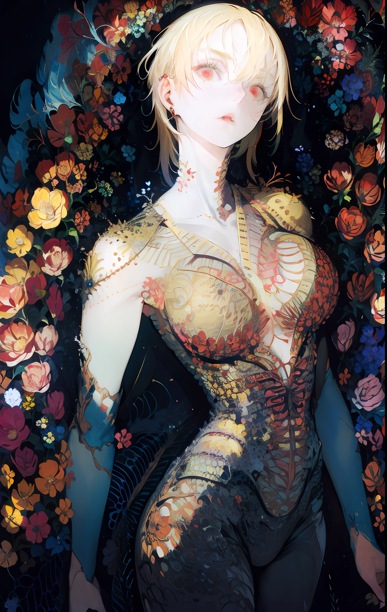 a woman, portrait, close shot, naked, big breasts, thin waist, black eyes, blonde, infected body, intricate, colorful background, flowers, scull