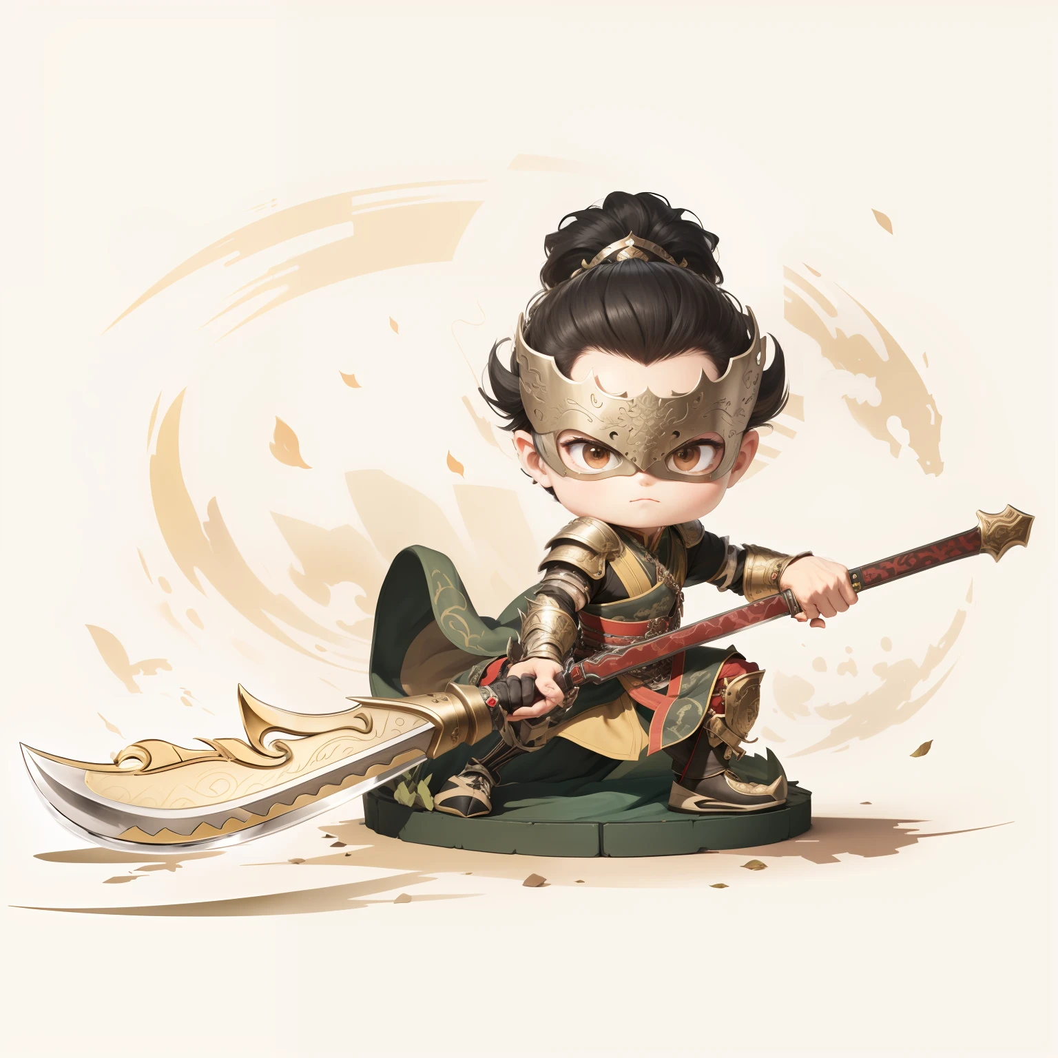 male people,Male characters,tchibi,Bad,Green Dragon Moon Knife,Big knife weapons,The handle has a delicate pattern,Shoulder blades,metal breastplate,chainmail,Animal pattern cuirass,chest plate,Bracers,Flowing hem,China-style,Chinese-style clothing,Chinese shoes,There are beautiful patterns on the weapon grips,Refinement,Fine painting,Refinement,infinite details,high definition detail,Delicate belt,Belt accessories,Male characters,Blindfolds,Black color hair,Patterned,Pattern,Blank background,Bright colors,Metal edging