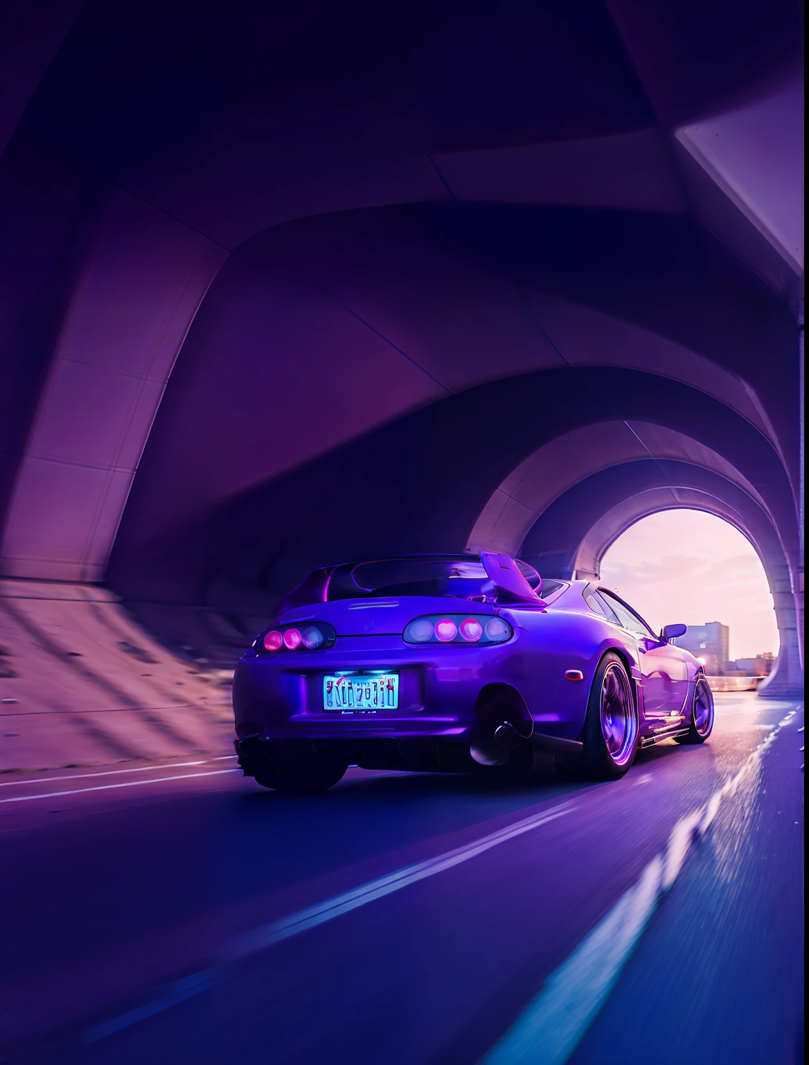 Close-up of a purple sports car driving through a tunnel, hq 4k phone wallpaper, 3840 x 2160, 3840 x 2160, wallpaper 4 k, Wallpaper 4k, HQ 4K wallpaper, masterpiece epic retrowave art, neonlight, outrun art style, 8K stunning artwork, High quality wallpaper