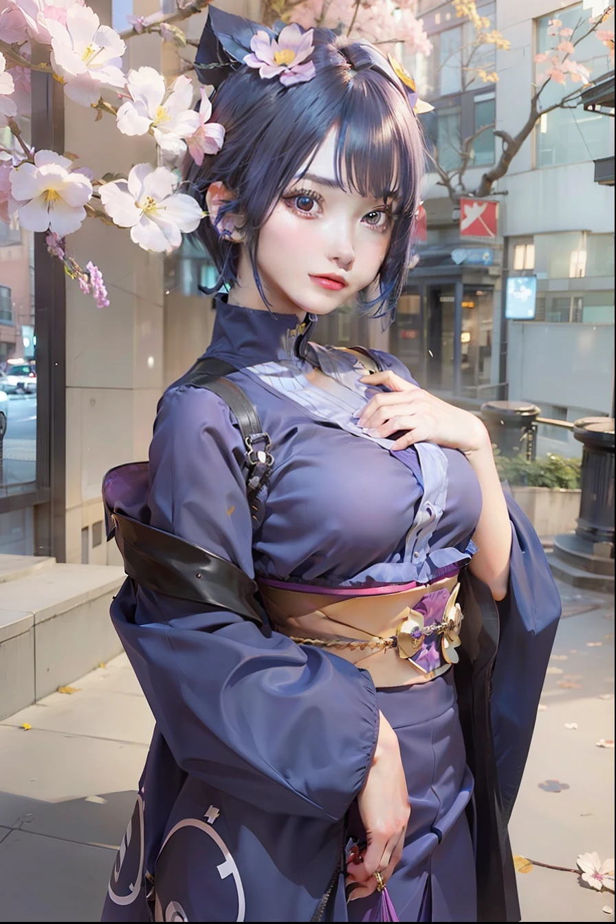 1girl, konan akatsuki, blue hair, short hair, yellow eyes, purple clothes, big breasts, city background, realistic, ultra detail