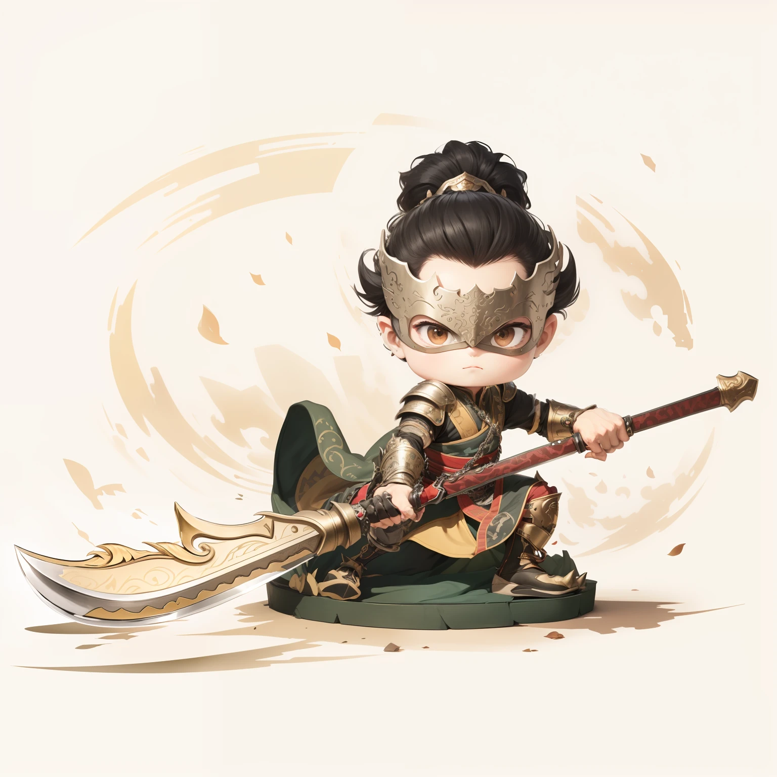 male people,Male characters,tchibi,Bad,Green Dragon Moon Knife,Big knife weapons,The handle has a delicate pattern,Shoulder blades,metal breastplate,chainmail,Animal pattern cuirass,chest plate,Bracers,Flowing hem,China-style,Chinese-style clothing,Chinese shoes,There are beautiful patterns on the weapon grips,Refinement,Fine painting,Refinement,infinite details,high definition detail,Delicate belt,Belt accessories,Male characters,Blindfolds,Black color hair,Patterned,Pattern,Blank background,Bright colors,Metal edging