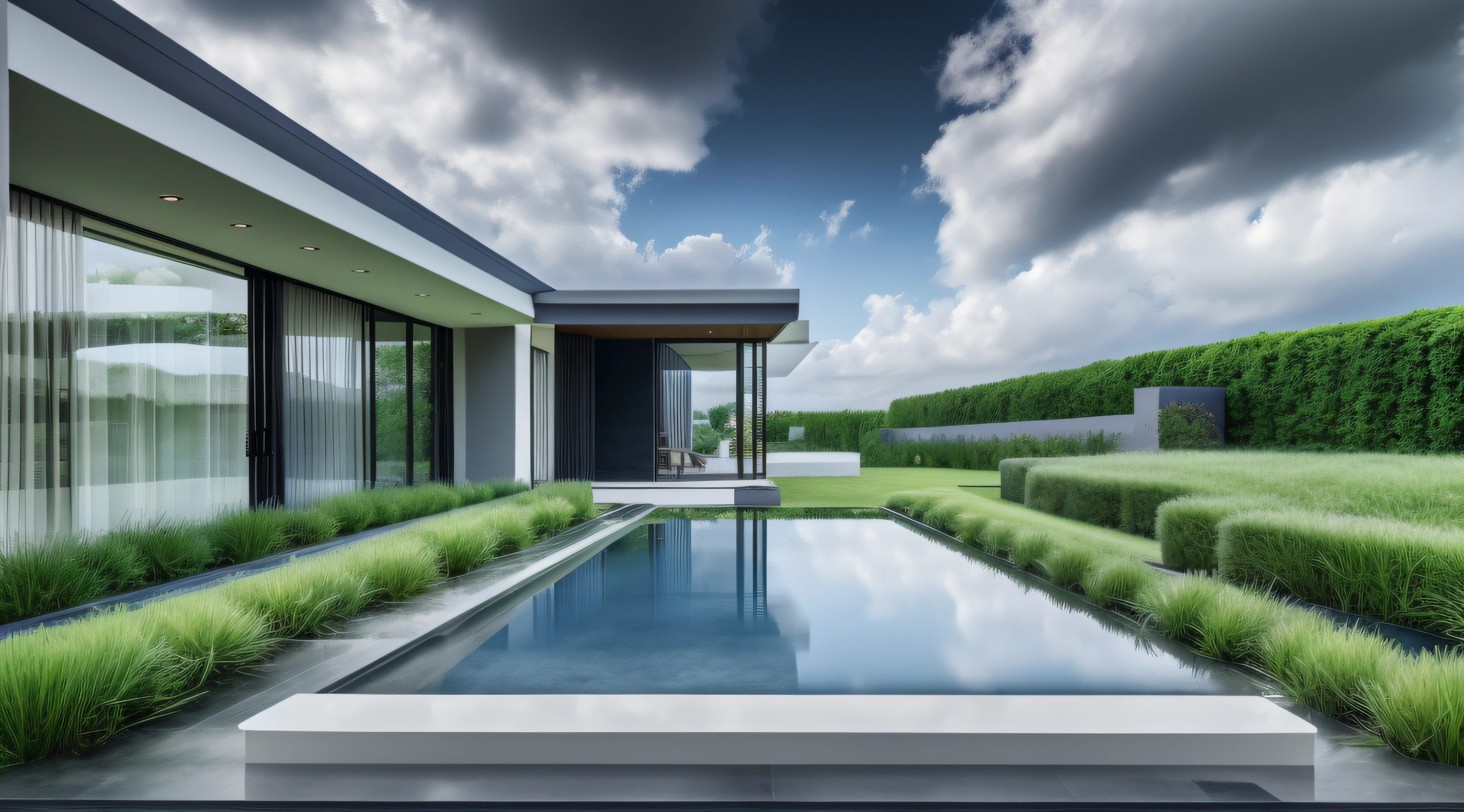 Minimalist style，Villas，Gray wall，Plank floor，Black steel structure，floor to ceiling window，窗帘，The fountain，Escultura，with blue sky and white clouds，Green meadow，tmasterpiece，A high resolution，8k