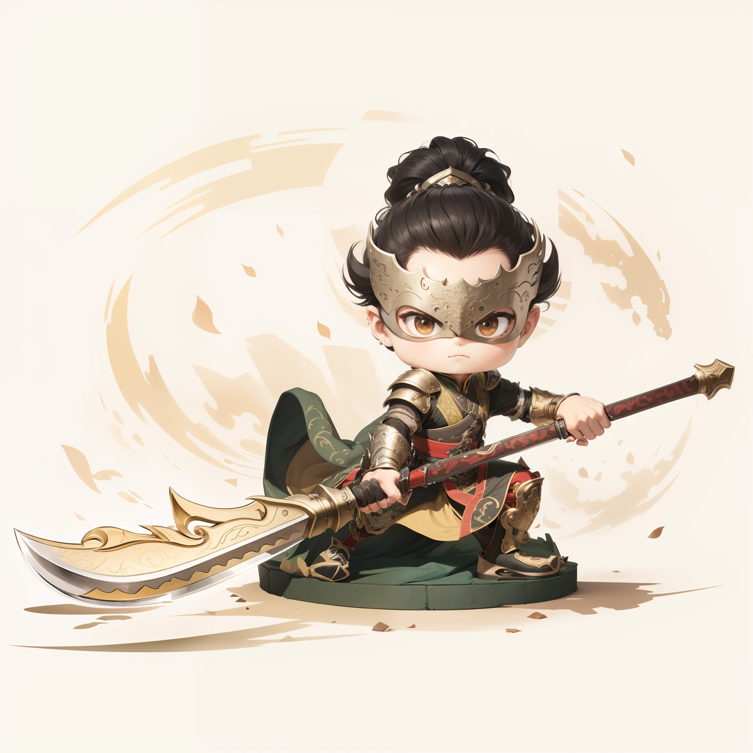 male people,Male characters,tchibi,Bad,Green Dragon Moon Knife,Big knife weapons,The handle has a delicate pattern,Shoulder blades,metal breastplate,chainmail,Animal pattern cuirass,chest plate,Bracers,Flowing hem,China-style,Chinese-style clothing,Chinese shoes,There are beautiful patterns on the weapon grips,Refinement,Fine painting,Refinement,infinite details,high definition detail,Delicate belt,Belt accessories,Male characters,Blindfolds,Black color hair,Patterned,Pattern,Blank background,Bright colors,Metal edging