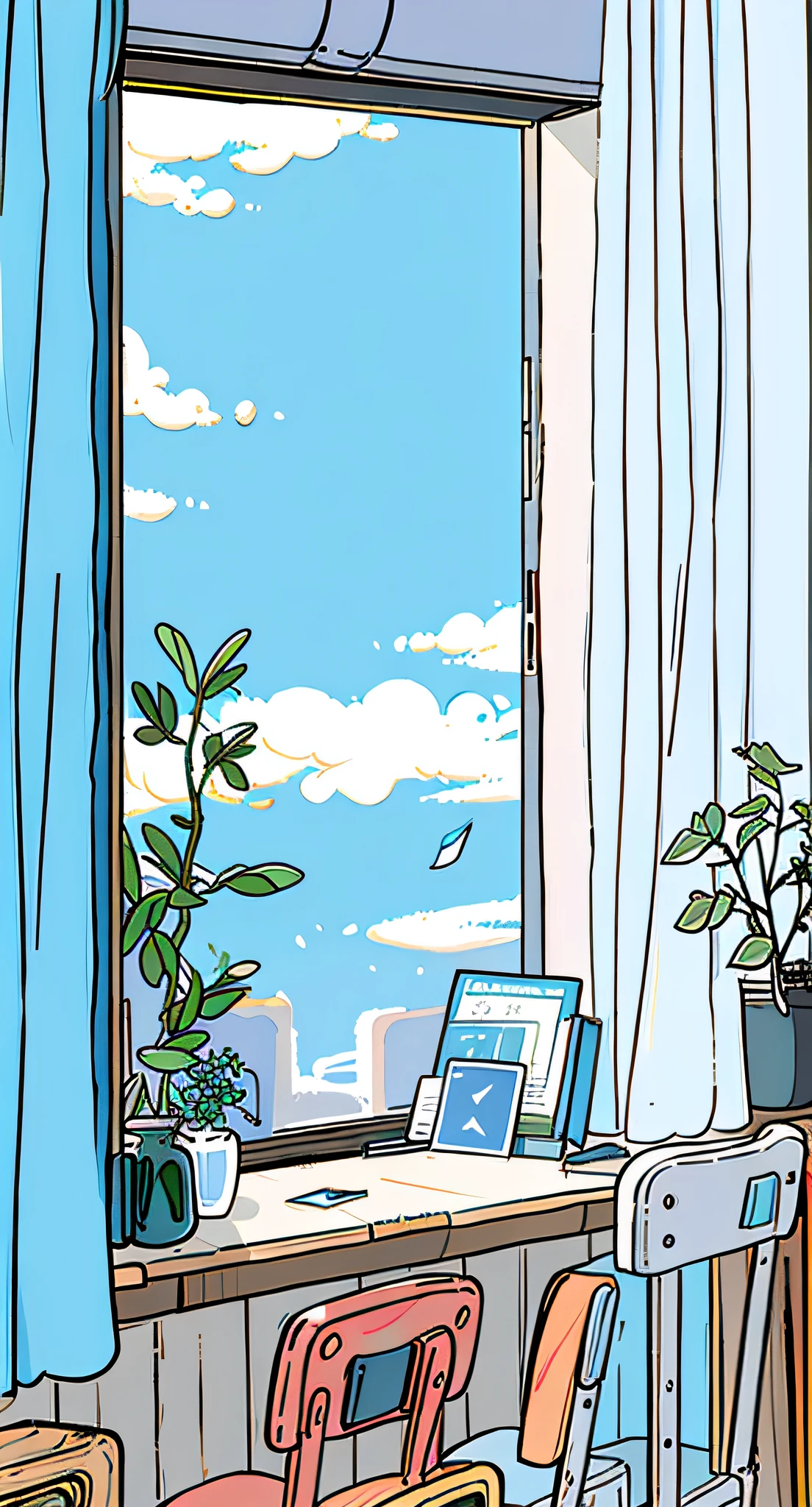 Classrooms with neat desks and chairs，（Look from the bottom up），There are blue skies and white clouds outside the window and buildings in the distance，（The sky outside the window occupies the top half of the picture（1：1））Sunlight is projected through the windows，1boy sat at his desk and propped his cheeks in thought，ultra - detailed，Anime comic style