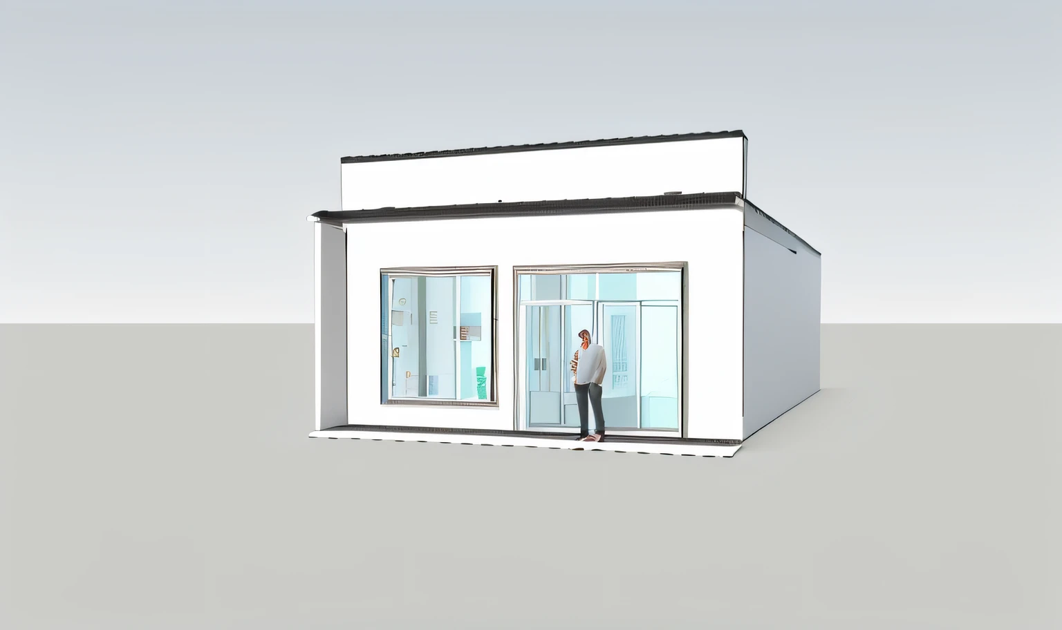 a rendering of a man standing in a glass walled building, storefront, 3/4 view realistic, shop front, 3 d rendering, 3d rendering, 3/4 front view, high detailed store, rendered 3d model, digital rendering, rendered, 3 d renders, 2 5 6 x 2 5 6, 256x256