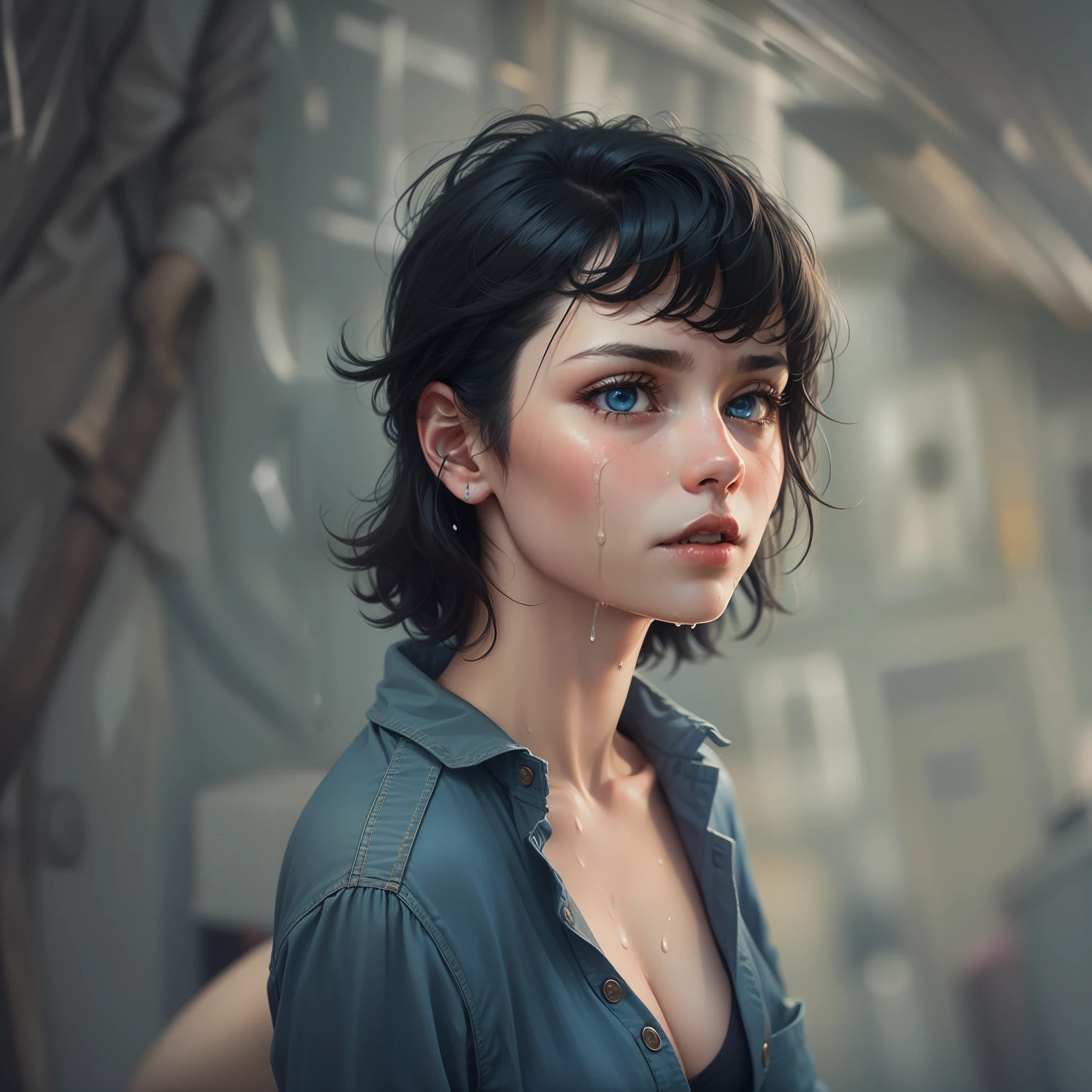 really wants to have sex with me. A sexy short black haired girl, blue eyes, sweating, wet, strong but slim, determined.