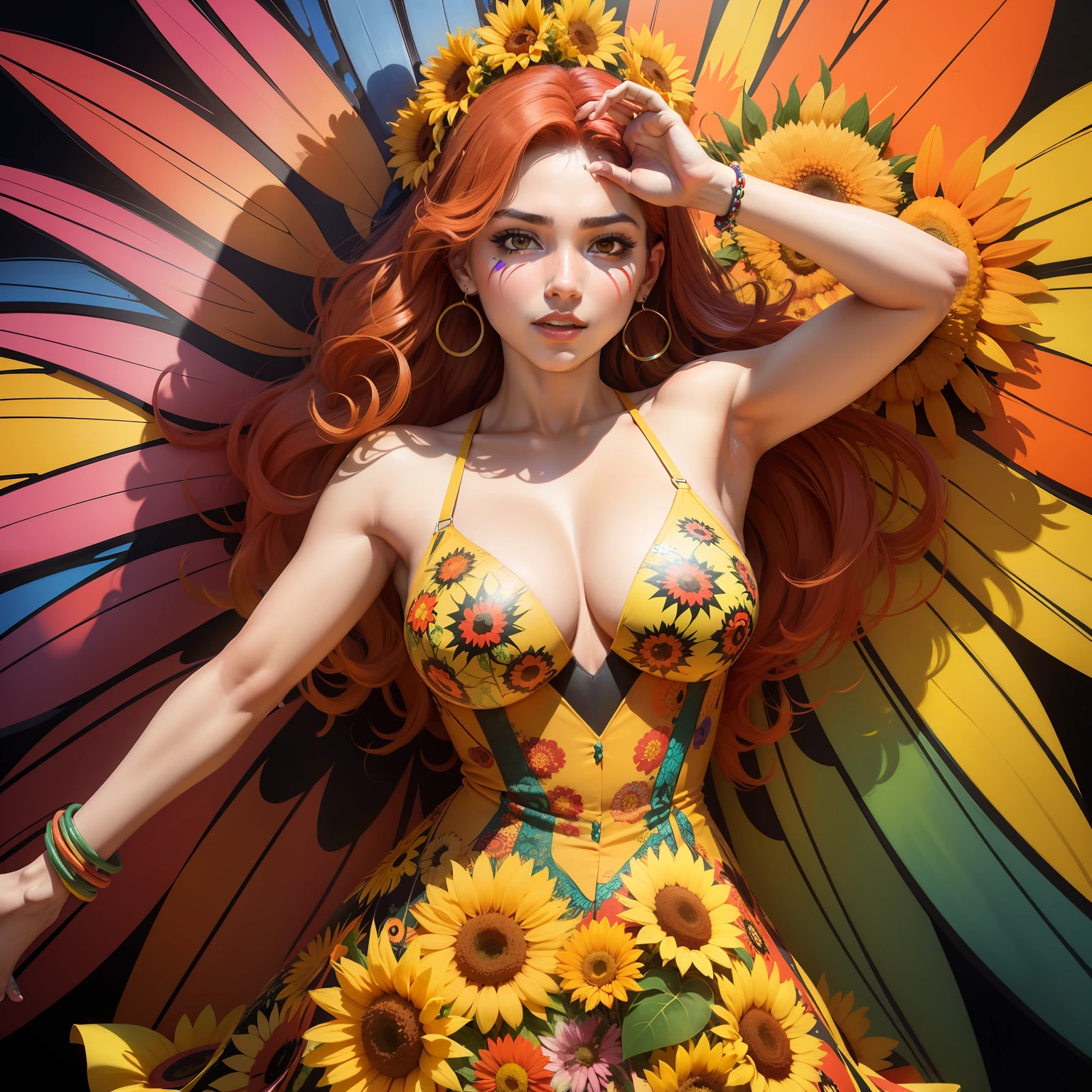 "Imagine a work of art inspired by the unique and colorful vision of Romero Brito, representando um majestoso girassol em destaque. The sunflower is depicted in a vibrant explosion of colors, com tons ousados e contrastantes que capturam a alegria e a vivacidade da natureza. The petals are painted in fiery reds, laranjas vibrantes, amarelos dourados e verdes exuberantes, creating a kaleidoscopic effect of colors. The background of the work is filled with abstract elements,Butterflies Hummingbirds and geometric shapes, bringing a sense of dynamism and movement. A pintura transmite uma energia contagiante, exalando positividade e otimismo. This unique representation of the sunflower, with influences from the style of Romero Brito, It is a celebration of the life and beauty of nature, uma verdadeira obra de arte que cativa e inspira o observador."