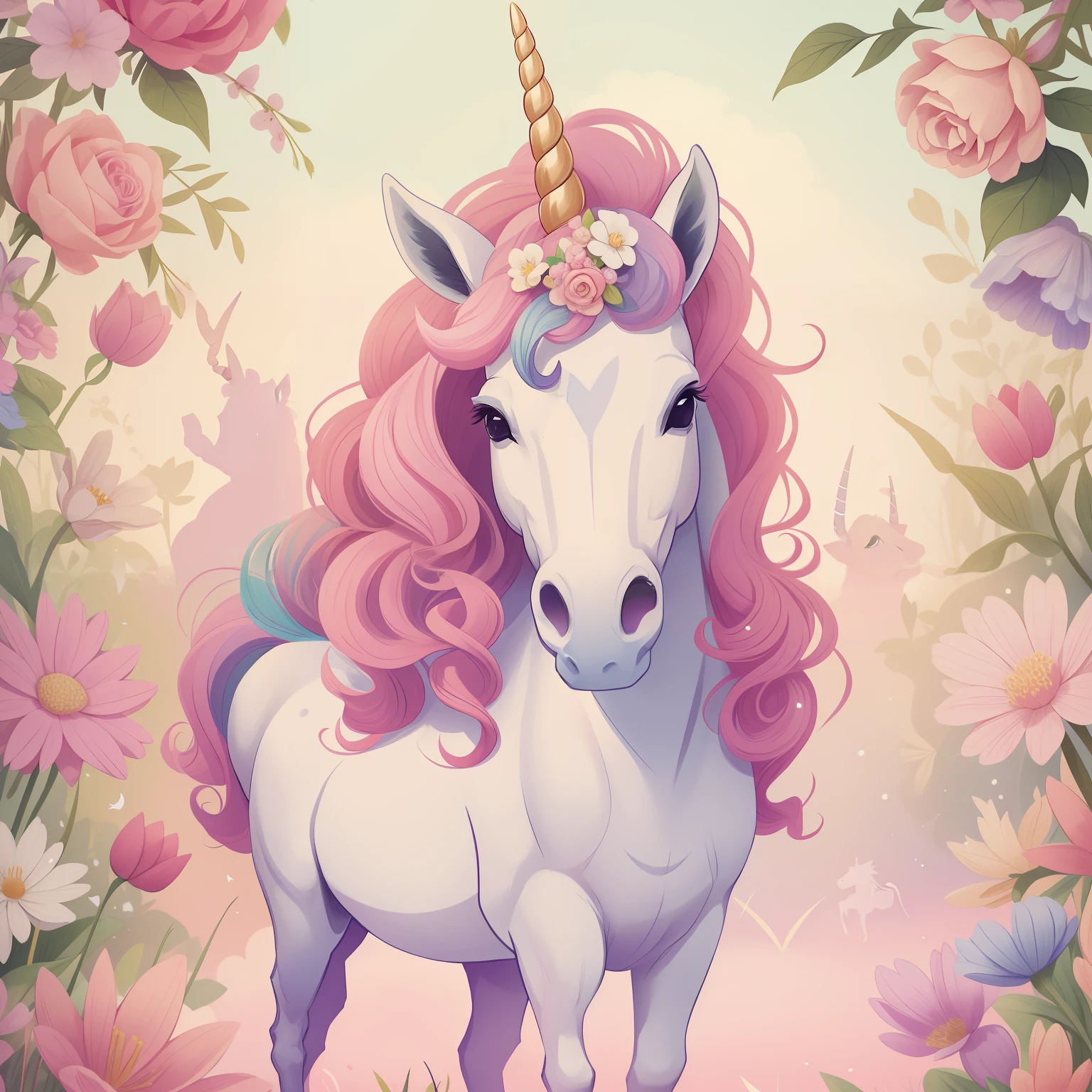 Unicorn with pink mane and flowers on a vintage background, unicorn, white unicorn, a unicorn, unicorns, unicorn horn, beautiful animal pearl queen, unicorn from the tusk movie, magical and mystical, magical fantasy, Cavalo sereno bonito, Directed by: Cíntia Wright, Directed by: Caroline Carruagem-Dayez, Magia Rosa, simplesmente lindo, mytical creature, Directed by: Lucy Peka, bela fantasia