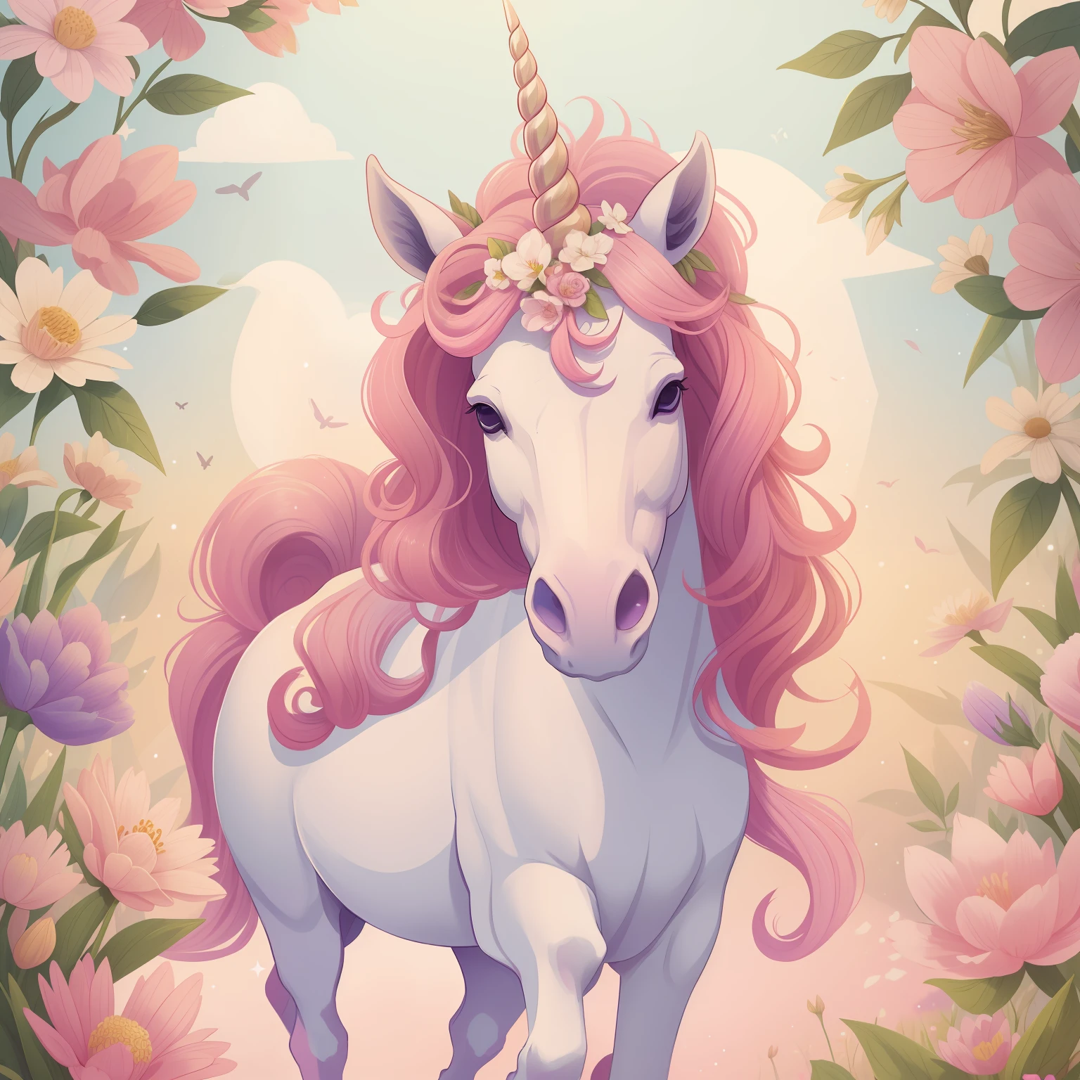 Unicorn with pink mane and flowers on a vintage background, unicorn, white unicorn, a unicorn, unicorns, unicorn horn, beautiful animal pearl queen, unicorn from the tusk movie, magical and mystical, magical fantasy, Cavalo sereno bonito, Directed by: Cíntia Wright, Directed by: Caroline Carruagem-Dayez, Magia Rosa, simplesmente lindo, mytical creature, Directed by: Lucy Peka, bela fantasia